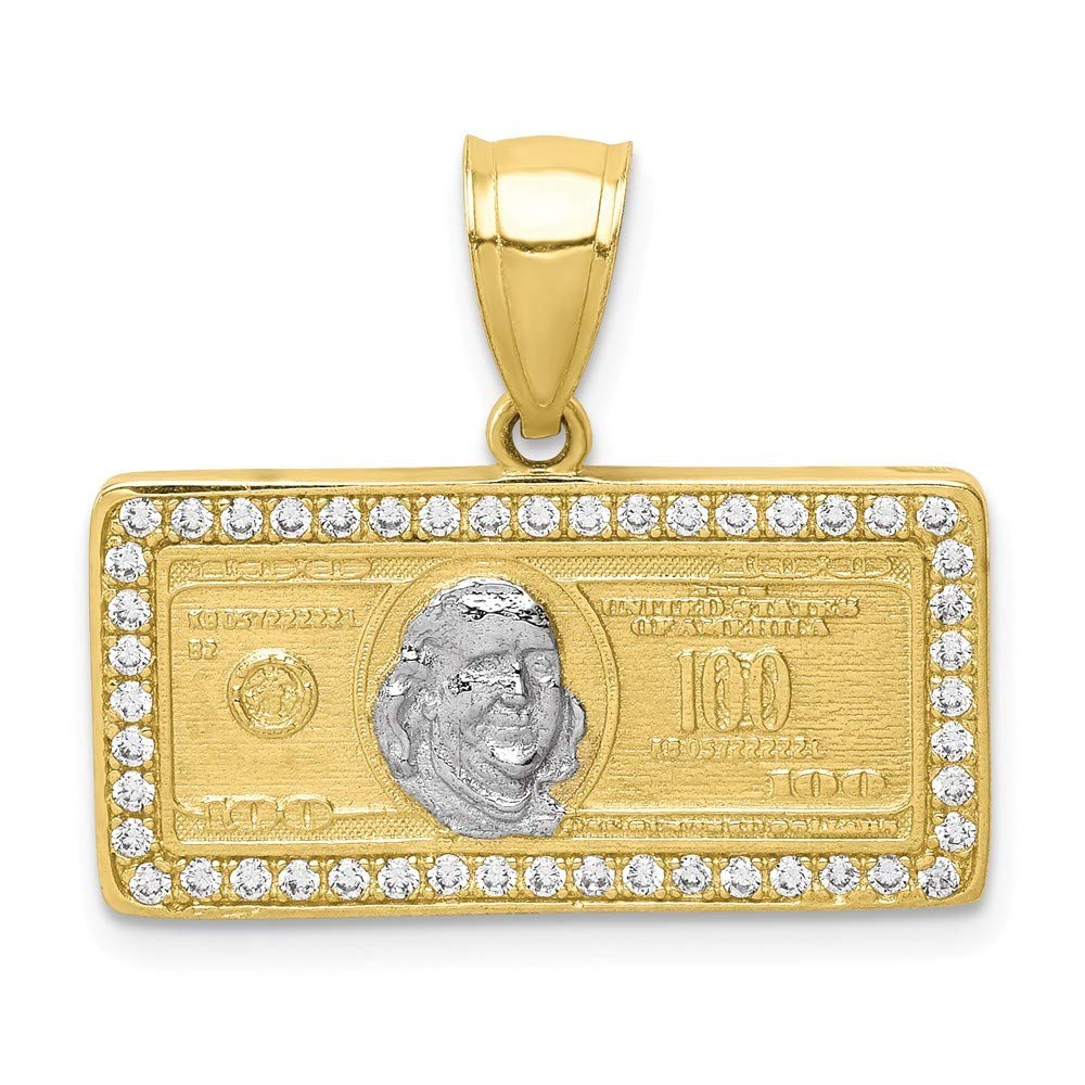 10K Rhodium Plated CZ Cubic Zirconia Simulated Diamond Micropave 100 Dollar Bill Pendant Necklace for Women - Elegant Jewelry Gift for Birthday, Anniversary & Special Occasions