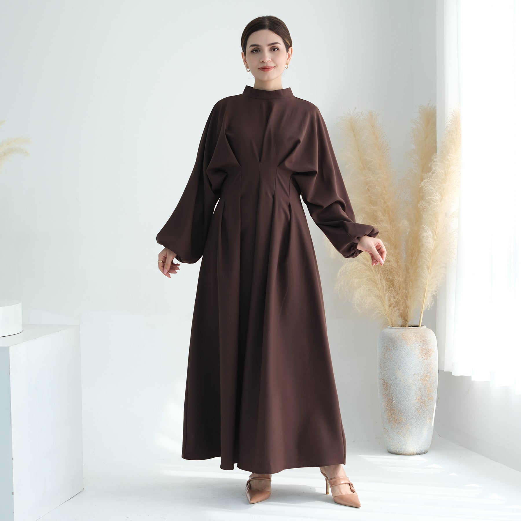 Madison Long Sleeve Maxi Dress for Women - Elegant Coffee Brown Flowy Boho Style - Perfect for Weddings, Parties & Fall Fashion