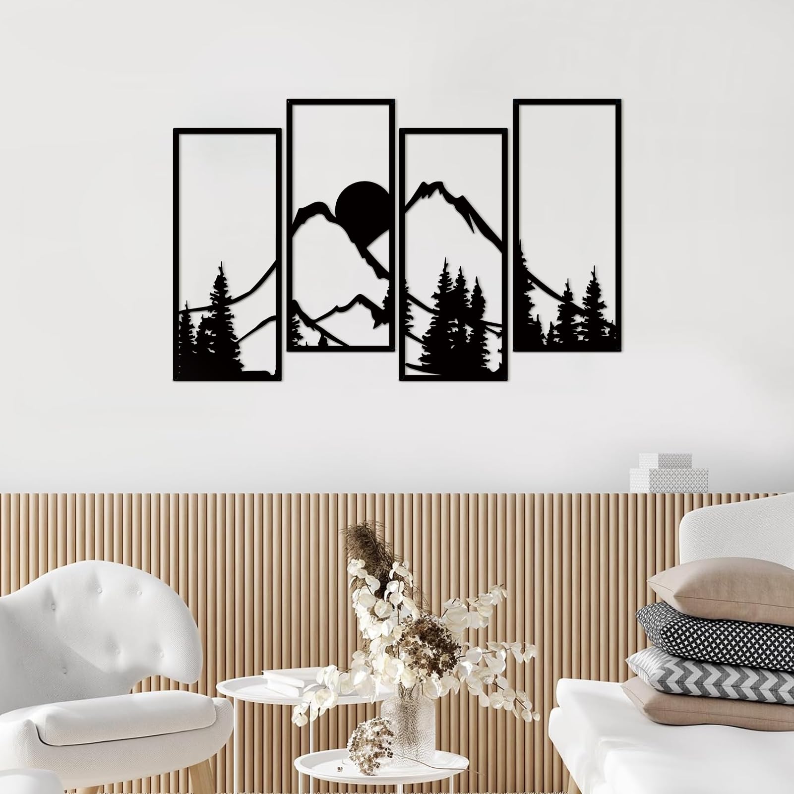Resama Metal Sunset Mountain Forest Wall Art Set of 4 - Minimalist Line Drawing Large Mountain Decor for Living Room, Bedroom & Office - Black Large Size | Perfect for Modern Home, Office & Cabin Decor