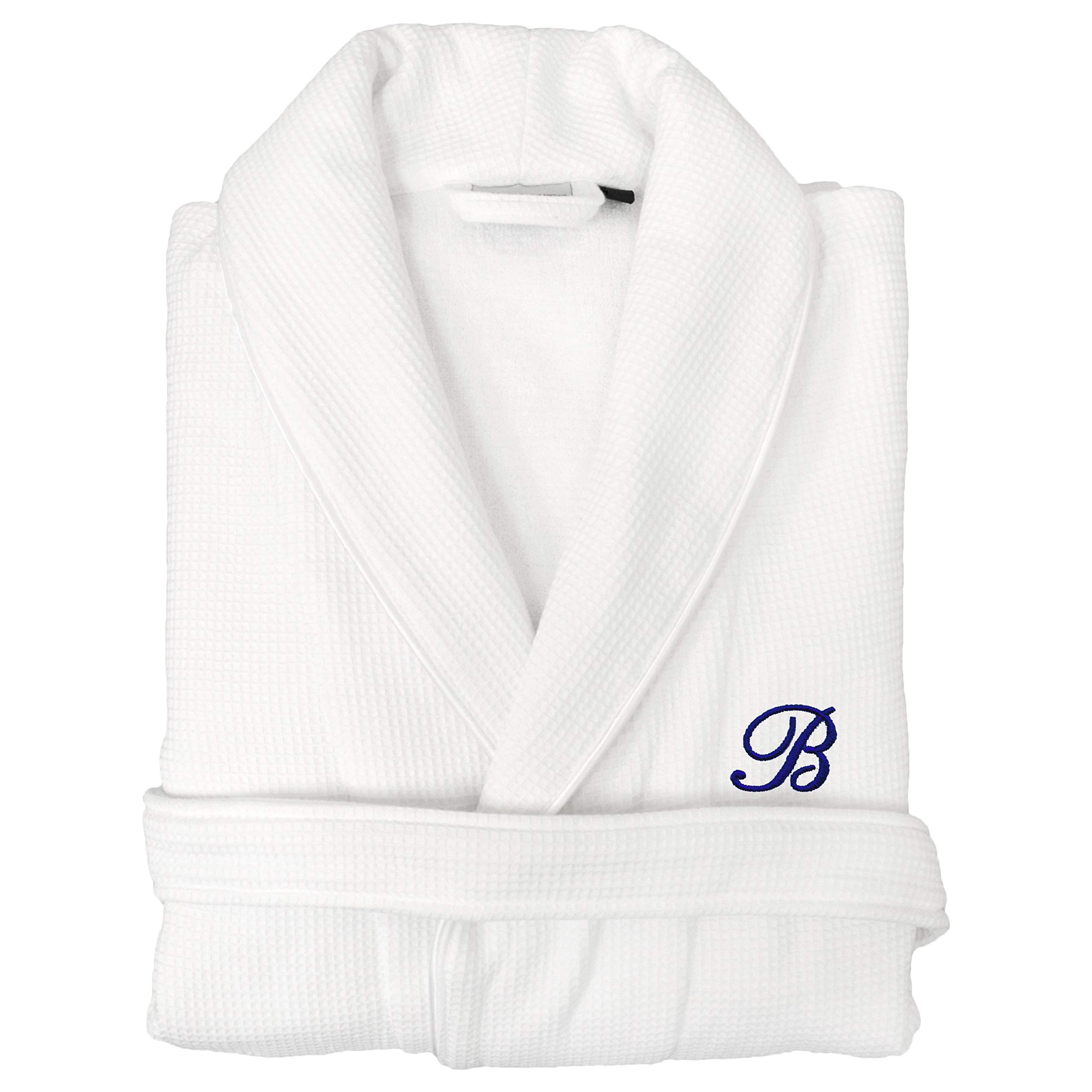 Premium Unisex Navy Blue Monogrammed Turkish Cotton Waffle Weave Bathrobe - Soft Terry Cloth Robe with Pockets, White H Monogram, Size L/XL - Perfect for Spa, Hotel Luxury & Cozy Home Relaxation