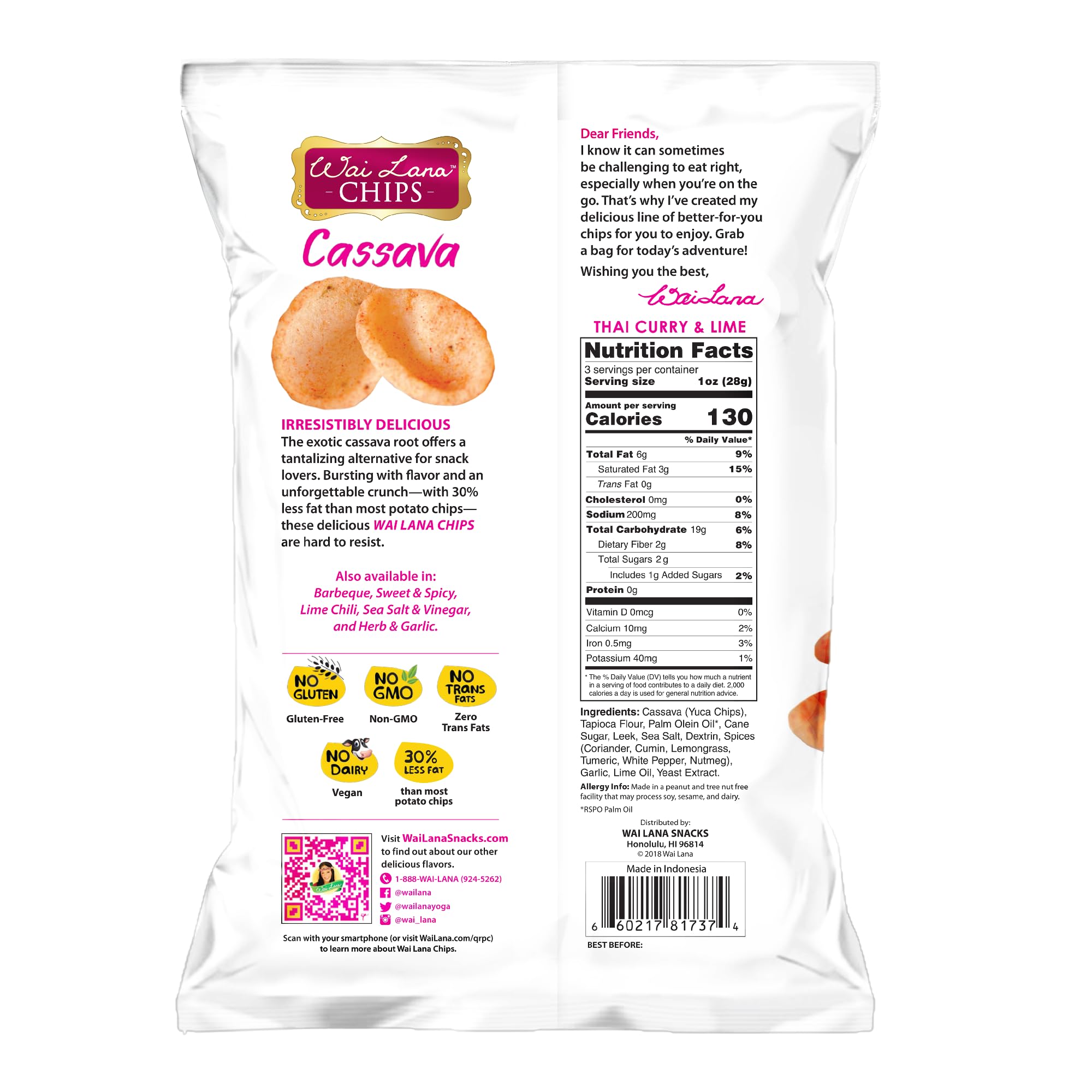 Gluten Free Non-GMO Vegan Cassava Chips - Thai Curry & Lime Flavor (6 Pack of 3oz Bags) | Zero Trans Fats | Healthy Snack for Parties, Travel & Keto Diet | Wai Lana