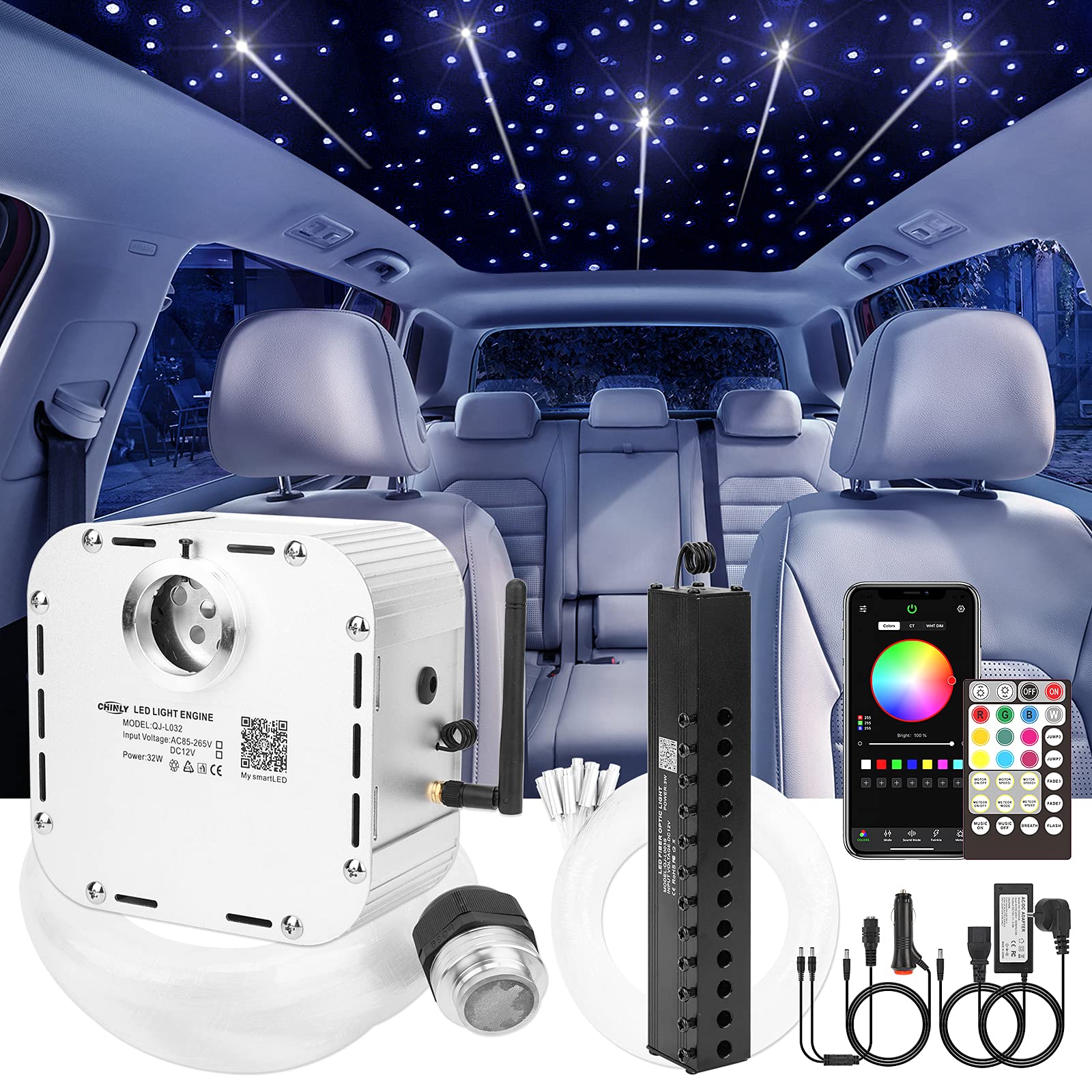 CHINLY 32W Meteor Twinkle 830pcs 13.1ft RGBW Bluetooth LED Fiber Optic Star Ceiling Light Kit with APP Control, Music Sync, Car & Home Decoration - Perfect for Bedroom, Party, Christmas, and Car Interior Lighting