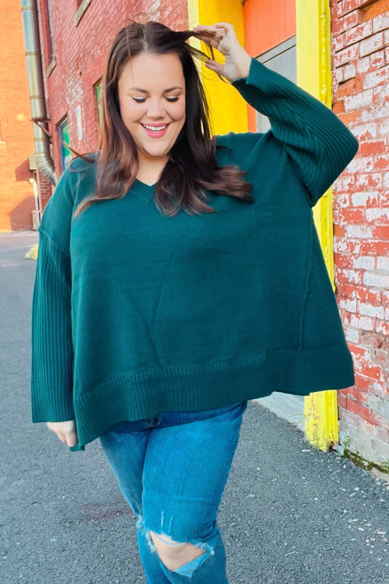 Stylish Hunter Green Oversized V-Neck Rib Knit Sweater for Women - Cozy Fall & Winter Layering Essential