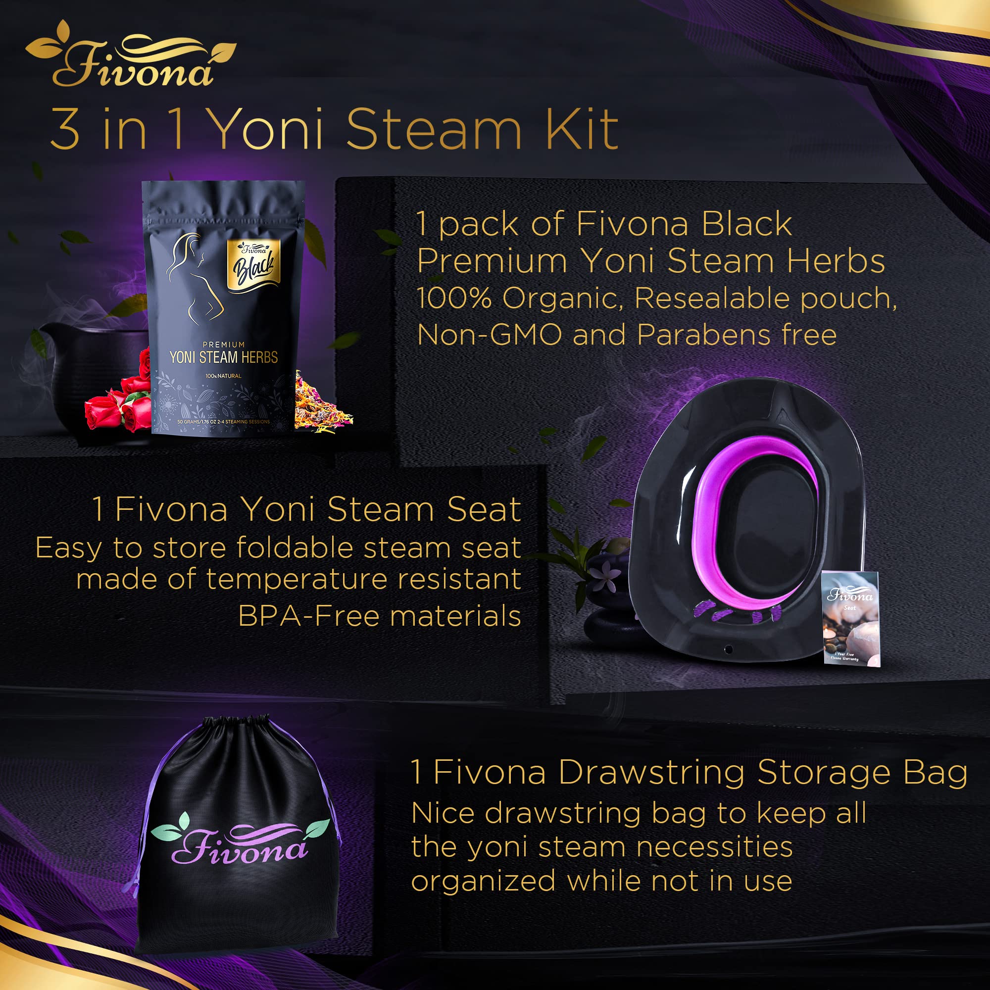 Fivona 3-in-1 Yoni Steam Kit for Women - Foldable Portable Vaginal Steamer Seat with Herbal Blends & Storage Bag - Natural Detox, pH Balance & Relaxation - At-Home V-Spa Treatment for Feminine Care & Wellness (Black)