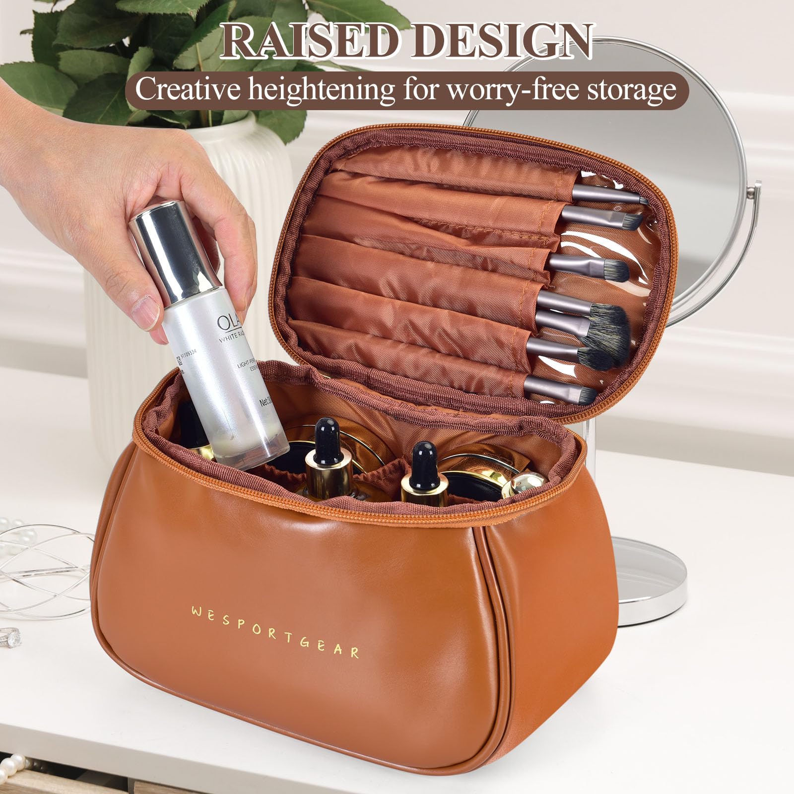 Waterproof Travel Makeup Bag for Women - Large Capacity Cosmetic Organizer with Multiple Compartments, Portable Toiletry Bag for Vacation, Business Trips & Gym Essentials (Brown)