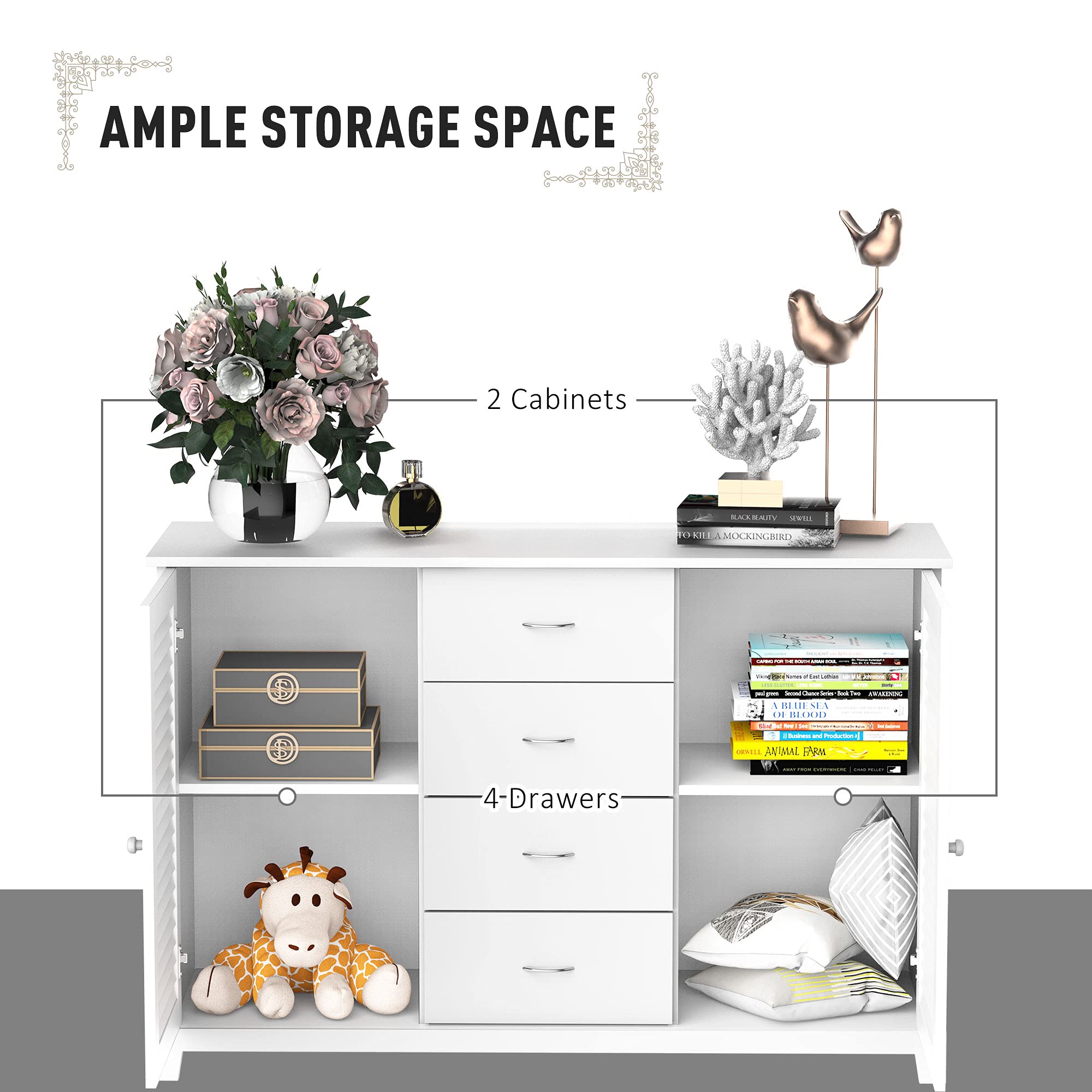 HOMCOM White Sideboard Buffet Cabinet with 4 Drawers & 2 Louvered Doors - Kitchen Storage, Coffee Bar Cabinet for Living Room & Dining Room - Perfect for Small Space Organization & Home Decor
