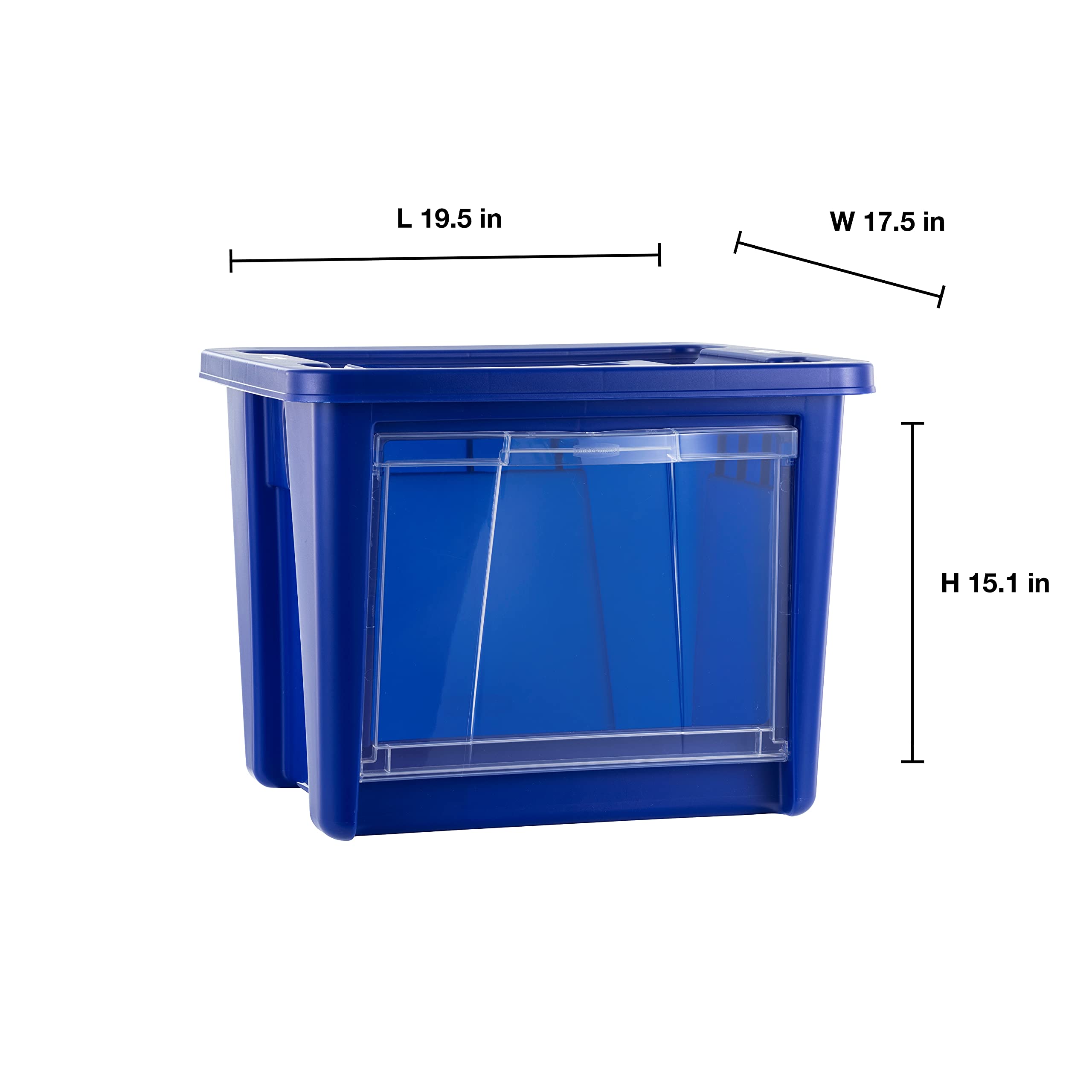 Rubbermaid Medium All-Access Storage Tote with Lids (2-Pack) - Stackable Clear Drop-Down Door Organizer Bins with Carry Handles for Closet, Pantry & Home Organization - Blazer Blue with Clear Door - Perfect for Bedroom, Office & Kids' Room Storage