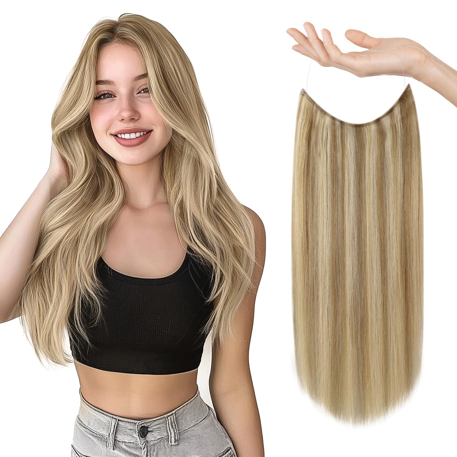 Sunny Wire Hair Extensions 12 Inch - 100% Real Human Hair, Invisible Fish Line, Honey Blonde with Platinum Highlights (#27/60) | Perfect for Parties, Weddings & Daily Styling
