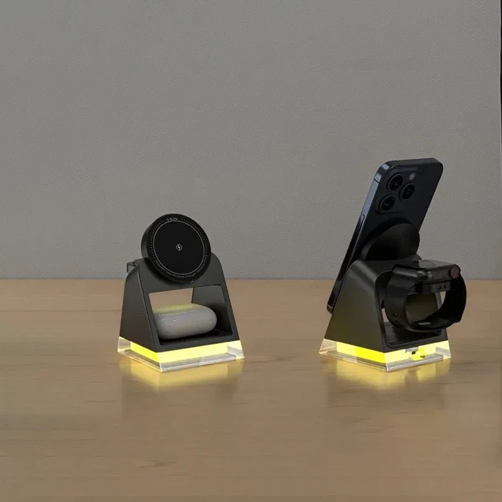 PowerTrio Plus 3-in-1 Magnetic Wireless Charging Station for iPhone 14/13/12 - Fast Charging Stand for iPhone, AirPods & Apple Watch - Perfect for Home, Office & Nightstand Use