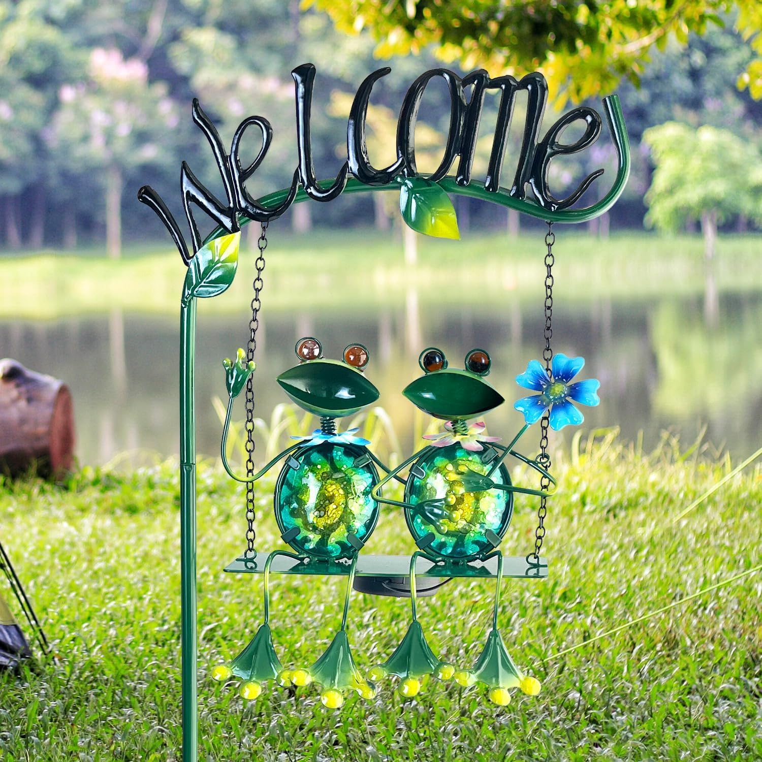 48 Inch HONGLAND Solar-Powered Frog Swing Outdoor Garden Lights - Decorative Stake with Welcome Sign for Patio, Yard & Landscape | Perfect for Garden Decor, Pathway Lighting & Nighttime Ambiance