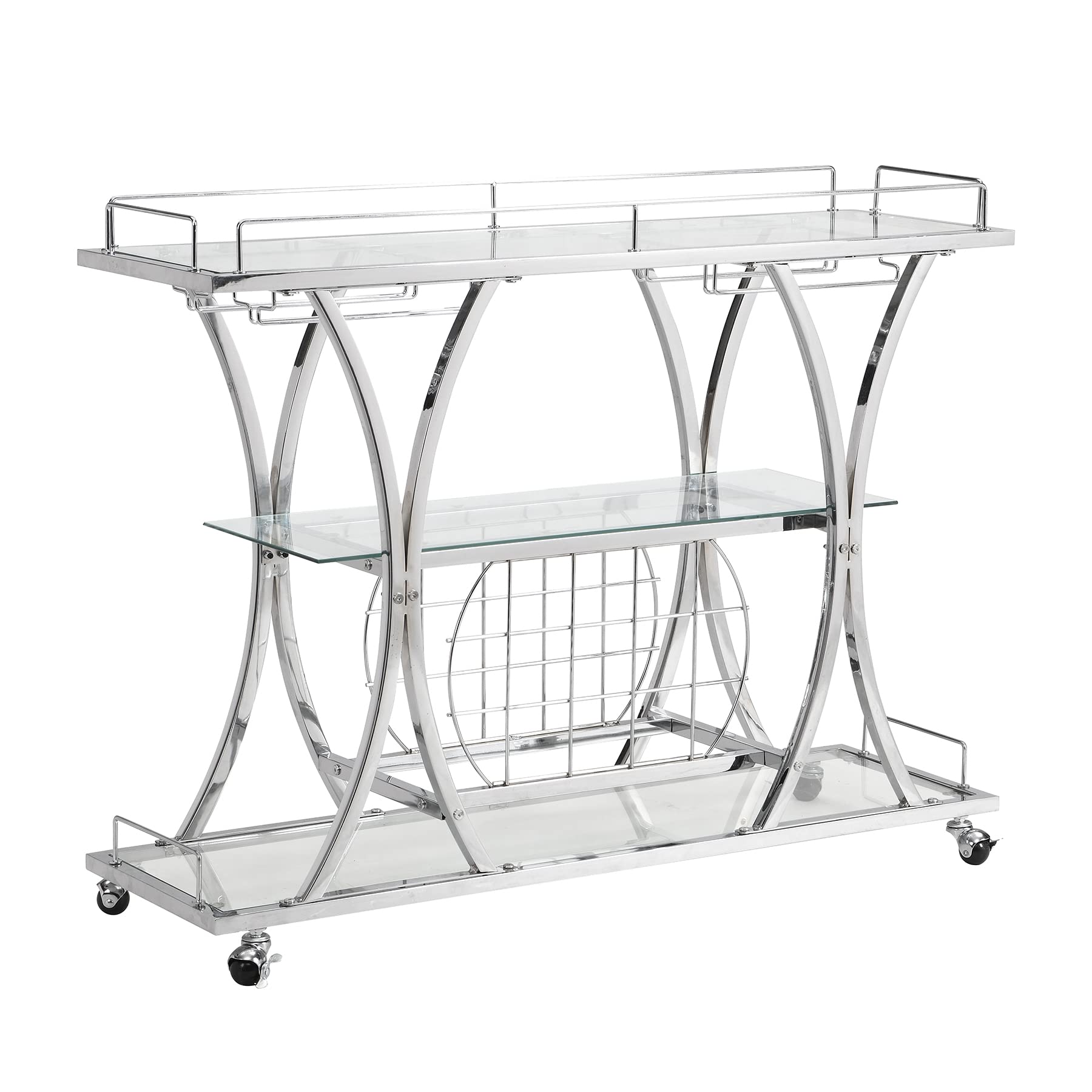 Yoluckea 3-Tier Glass Bar Cart with Wine Rack & Glass Holder - Tempered Glass Shelves, Lockable Wheels - Perfect for Home Bar, Kitchen Storage & Entertaining Guests