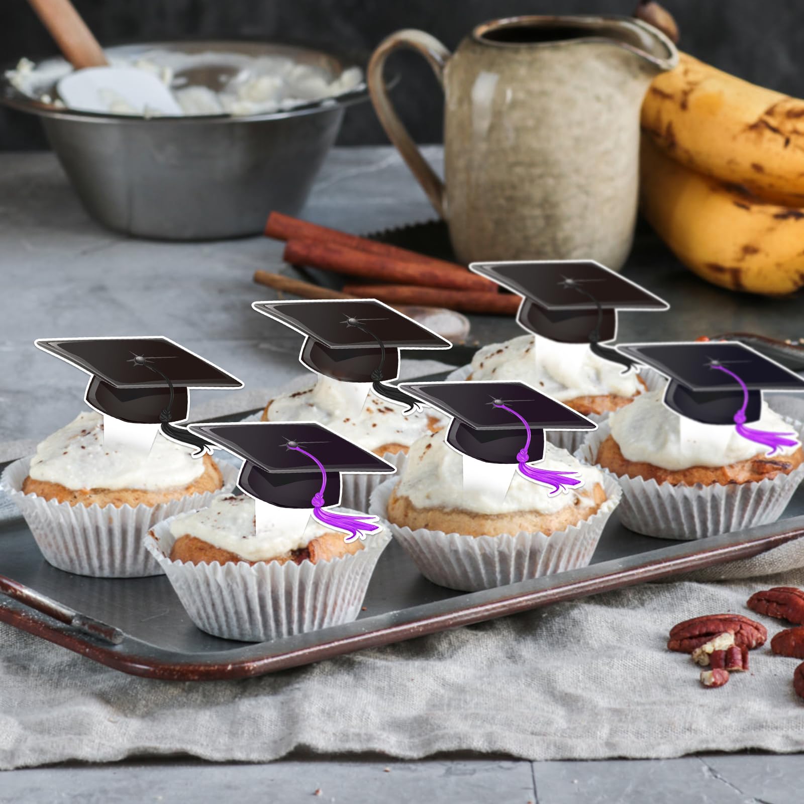 48Pcs Graduation Cap Cupcake Toppers - Black & Purple Tassel Decorations for Class of 2024 Graduation Cakes - Perfect for Graduation Parties, School Celebrations & Dessert Table Decor