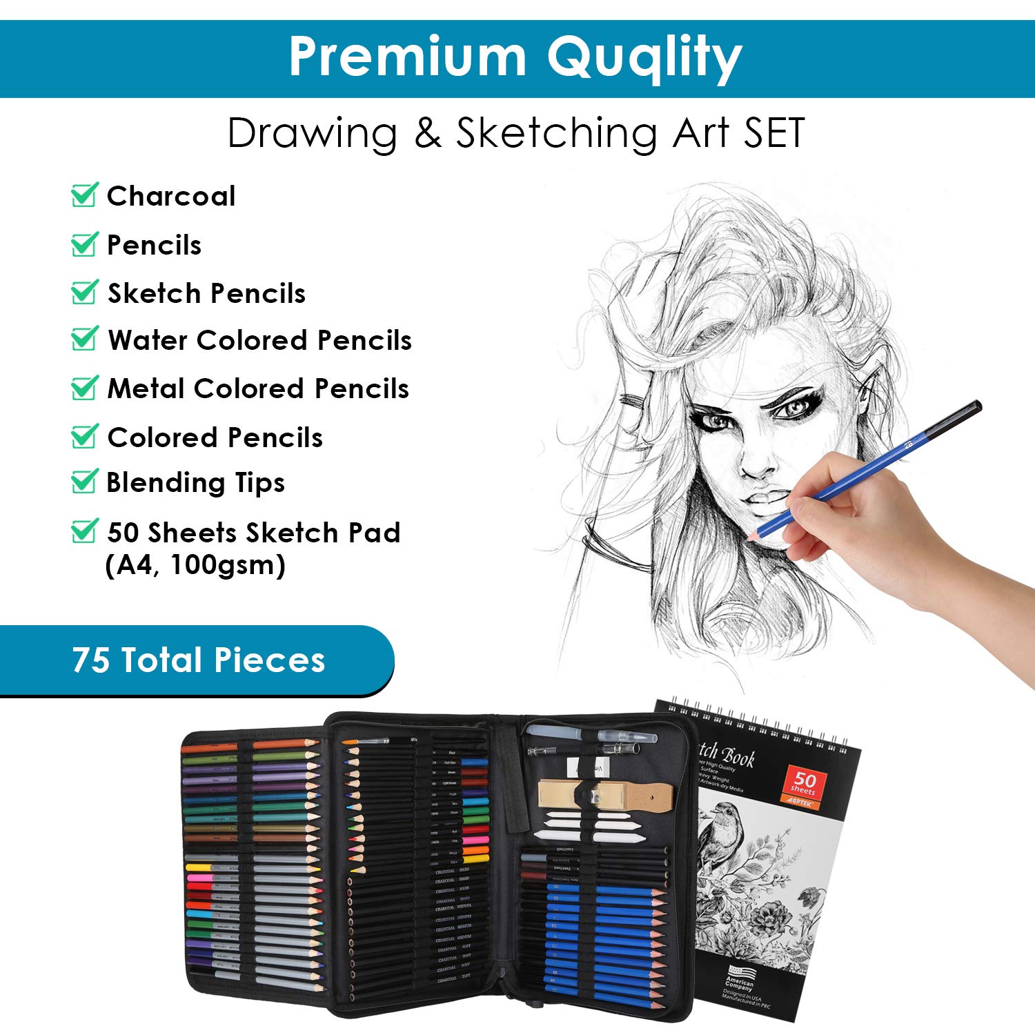 AGPTEK 75-Piece Professional Drawing Pencils Set - Sketch Pencils, Charcoal Pencils, Watercolor & Metallic Colored Pencils for Artists, Adults & Kids | Perfect for Sketching, Shading, Blending & Mixed Media Art Projects