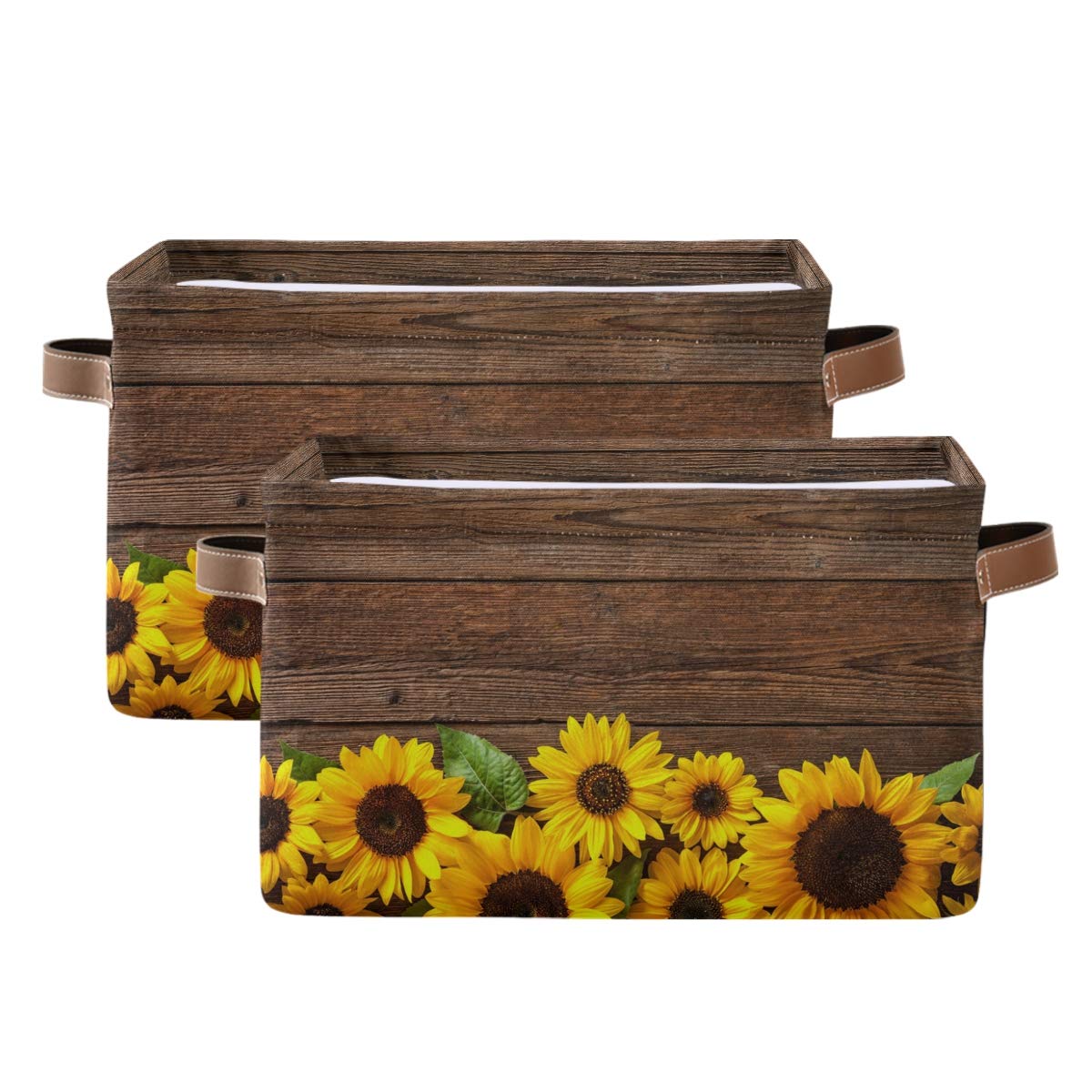 Floral Sunflower Collapsible Storage Basket with PU Leather Handles - Foldable Fabric Bin for Toys, Wardrobe & Closet Organization - Perfect for Nursery, Playroom & Home Decor Storage Solutions