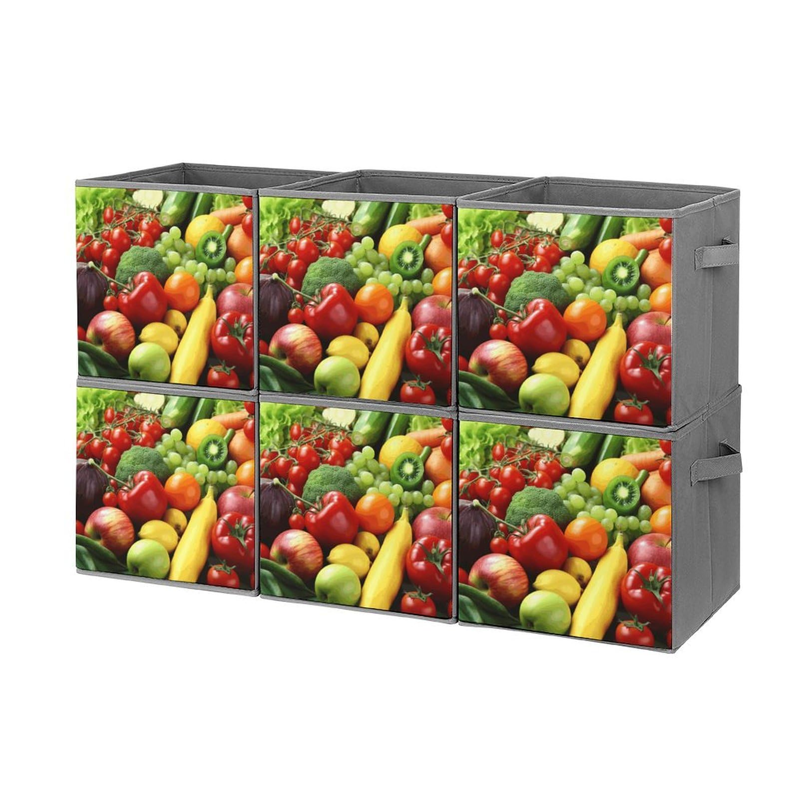 6-Pack Foldable Storage Bins for Fruits & Vegetables - Large Capacity Printed Storage Boxes with Handles - Home Organization Containers for Playroom, Office, Kitchen & Pantry Storage | Space-Saving & Durable Storage Solution