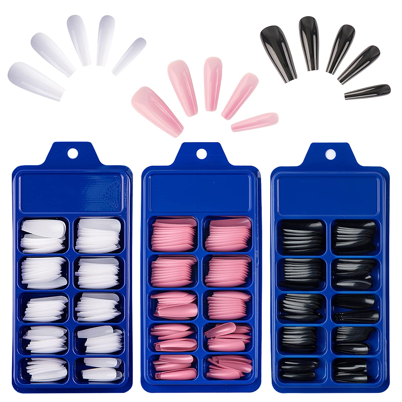 300PCS Long Press On Nails - Coffin Shaped Fake Nails with Full Cover, 10 Sizes Artificial Nails Kit for Women & Girls (Black, White, Pink) - Perfect for Nail Art, Manicure, Parties, Weddings & Daily Wear