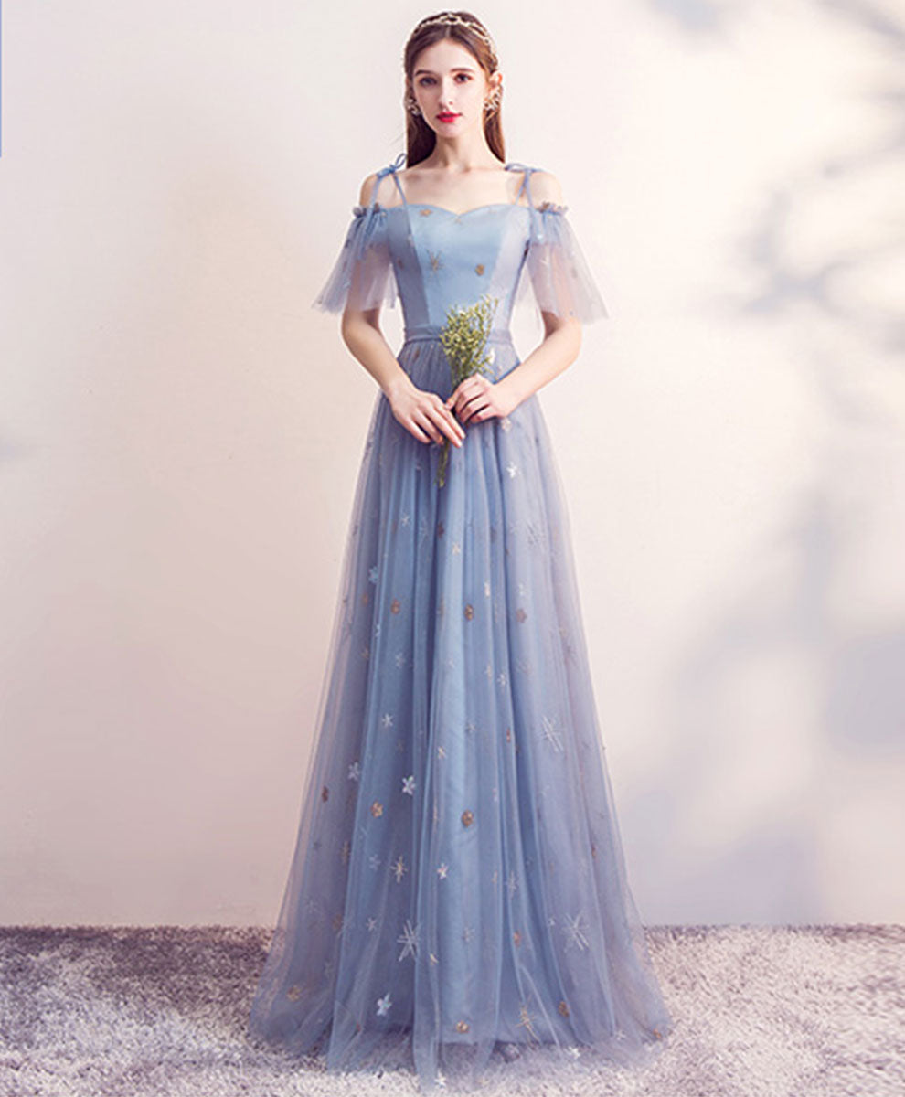 Elegant Blue Tulle Long Prom Dress & A-Line Bridesmaid Gown - Perfect for Formal Dances, Weddings, and Special Occasions