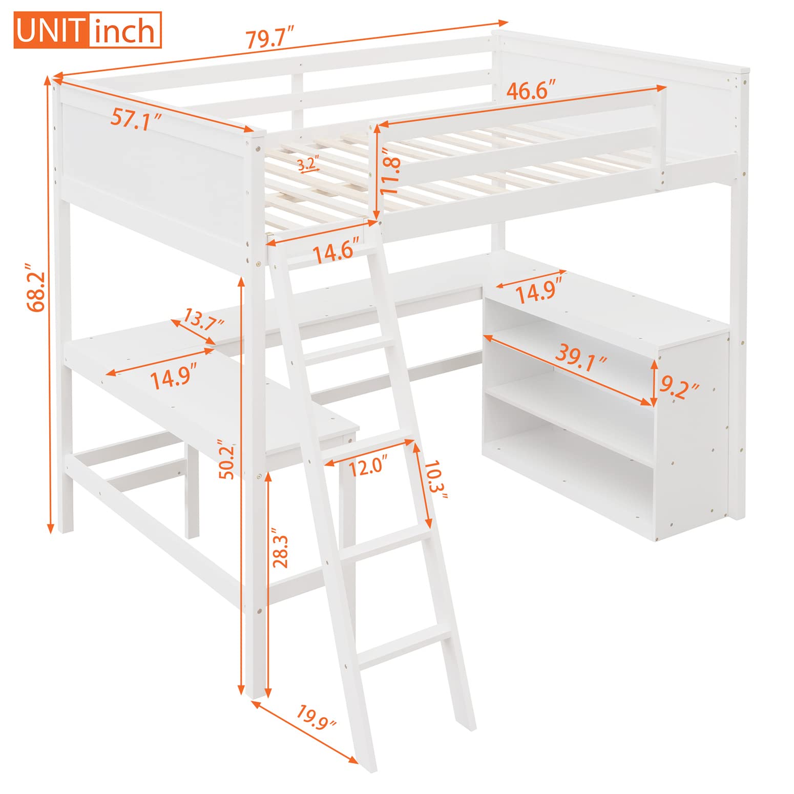 Full Loft Bed with Desk & Storage Shelves - Sturdy Wooden Bunk Bed with Bookcase for Kids, Teens & Adults - Space-Saving Dorm Furniture for Small Rooms - White