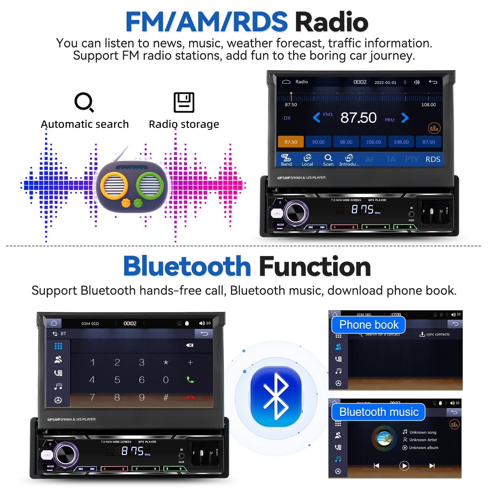 SIXTOP 7 Inch Flip Out Touchscreen Single Din Car Stereo - Wireless Apple CarPlay & Android Auto, Bluetooth 5.1, FM/AM/RDS Receiver, USB/AUX Input, Mirror Link for iPhone & Android - Includes MIC & Backup Camera for Easy Parking & Hands-Free Calling