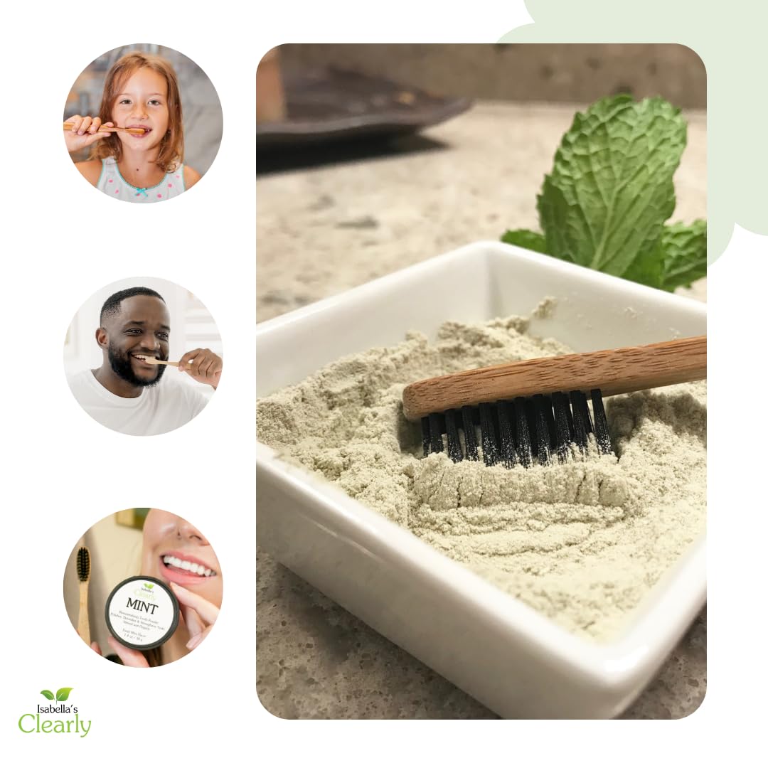 Isabella’s Clearly Remineralizing Tooth Powder - Natural Teeth Whitening Fluoride-Free Toothpaste with Xylitol, Baking Soda & Bentonite Clay for Adults & Kids - Mint Flavor for Sensitive Gums | Ideal for Daily Oral Care & Brightening Smiles