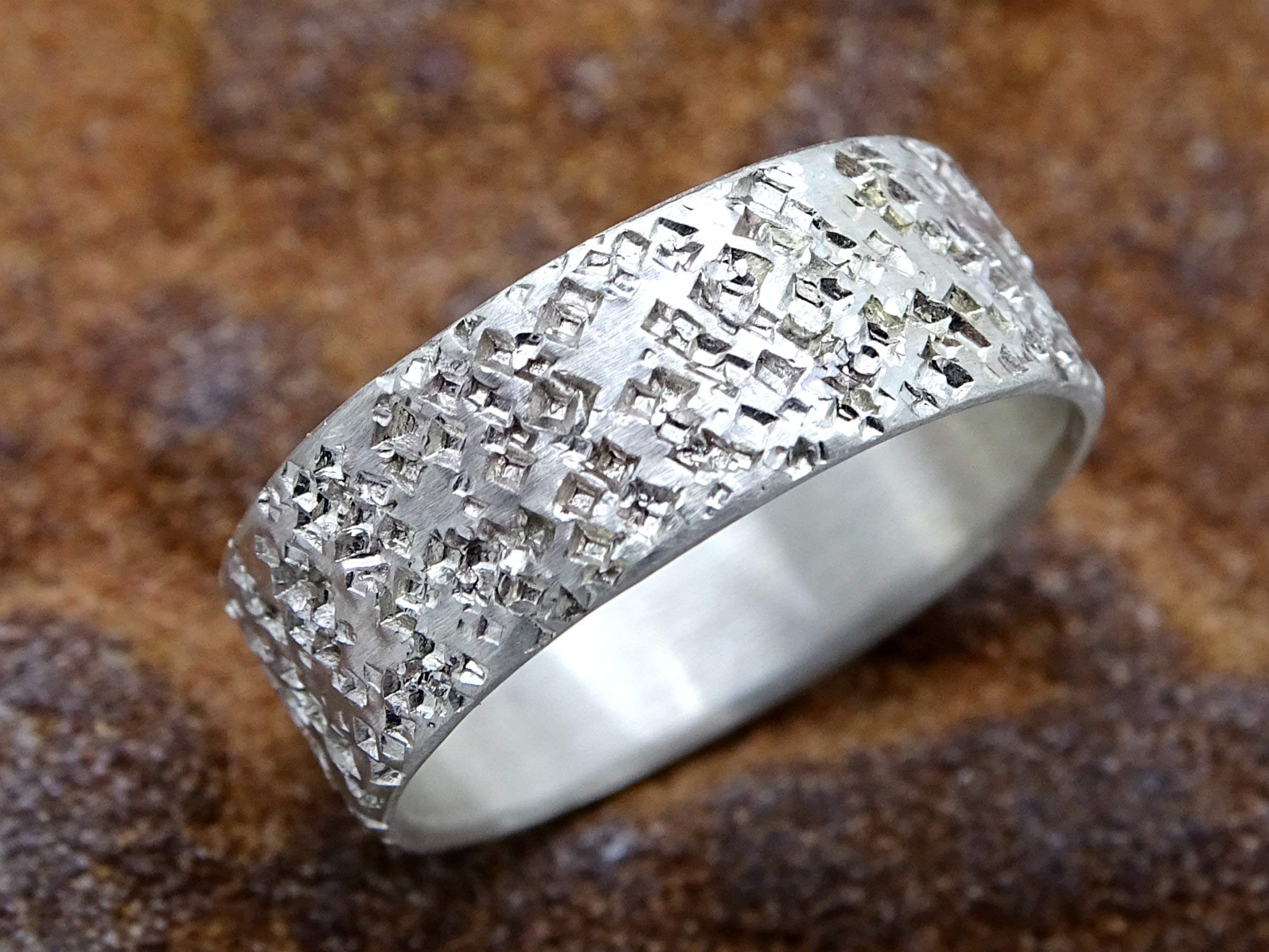 Unique Silver Wedding Band for Men - Volcanic Rock Pattern Structured Ring - Durable Men's Engagement Band - Perfect for Weddings, Anniversaries & Special Occasions