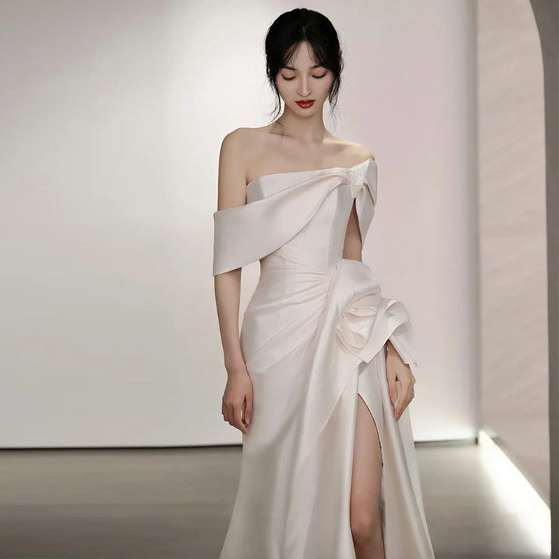 Elegant Off Shoulder Satin Mermaid Wedding Dress - White Long Prom Gown with High Slit | Perfect for Bridal, Formal Events & Evening Parties