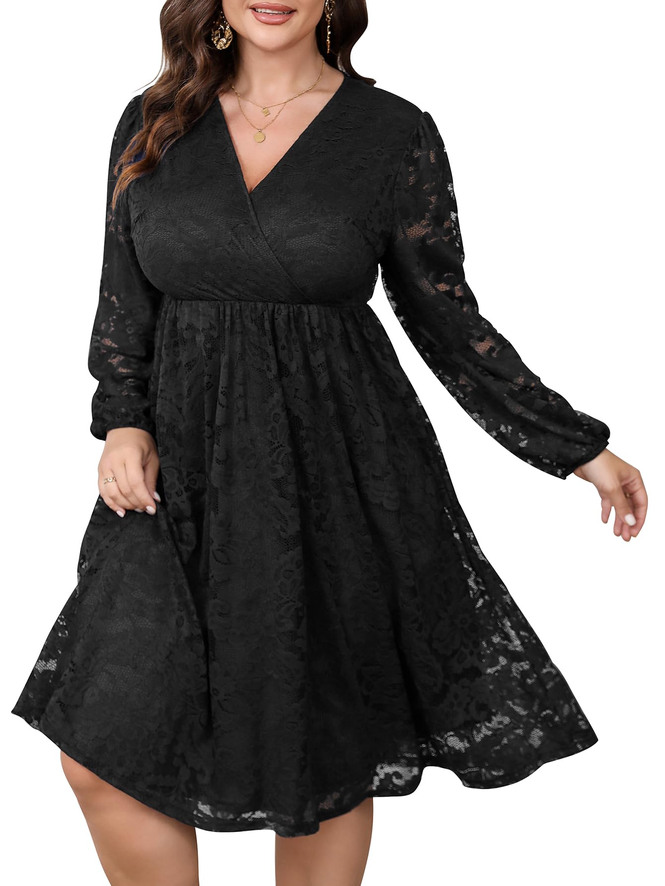 Plus Size Women's Lace Midi Dress - V Neck Wrap Long Sleeve Flowy A-Line Cocktail Dress for Wedding Guest, Party & Special Occasions