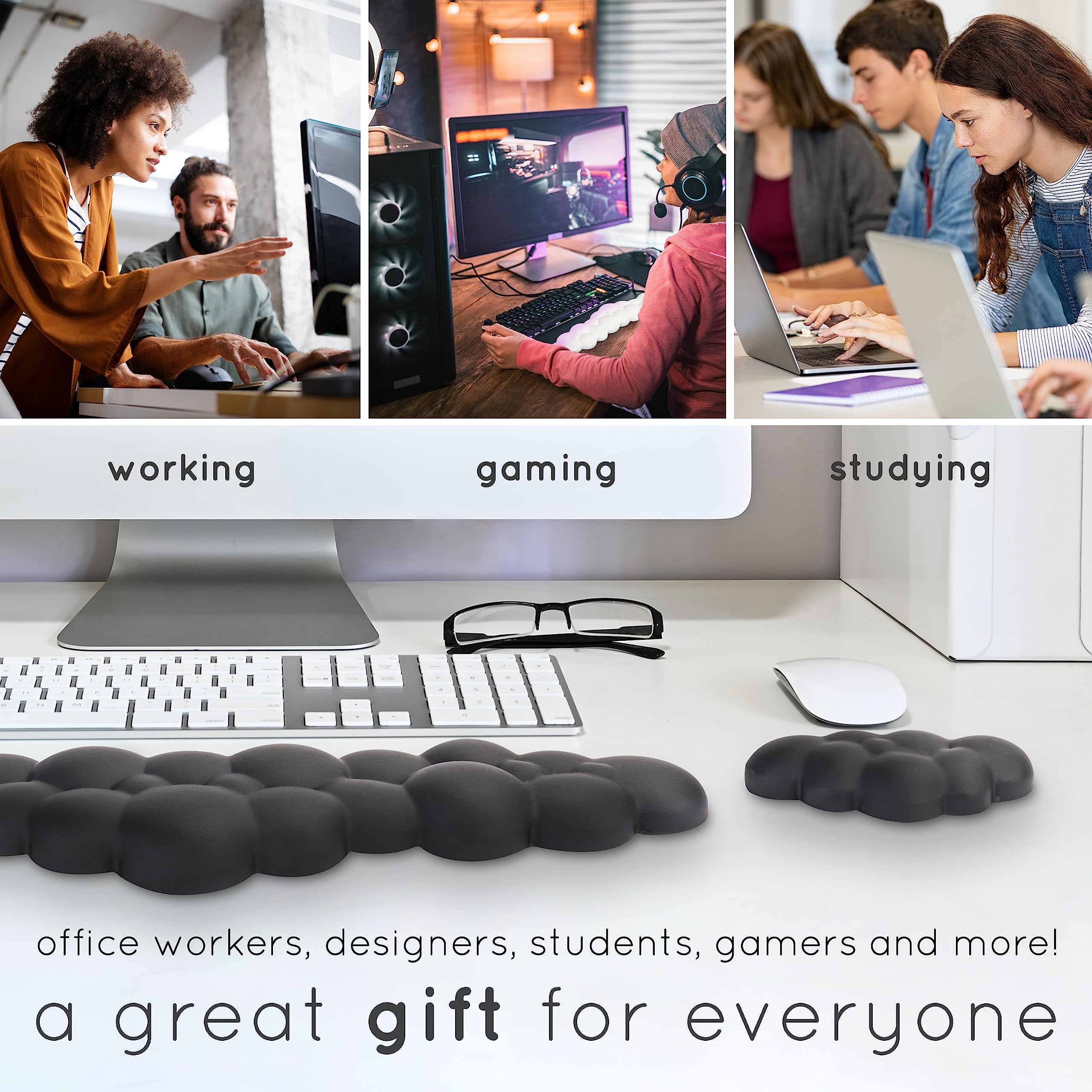 Qloud Cloud Wrist Rest - Ergonomic Memory Foam Keyboard Wrist Support with Non-Slip Base & Mouse Pad - Matte Black | Comfortable Typing for Office, Gaming & Home Computer Use