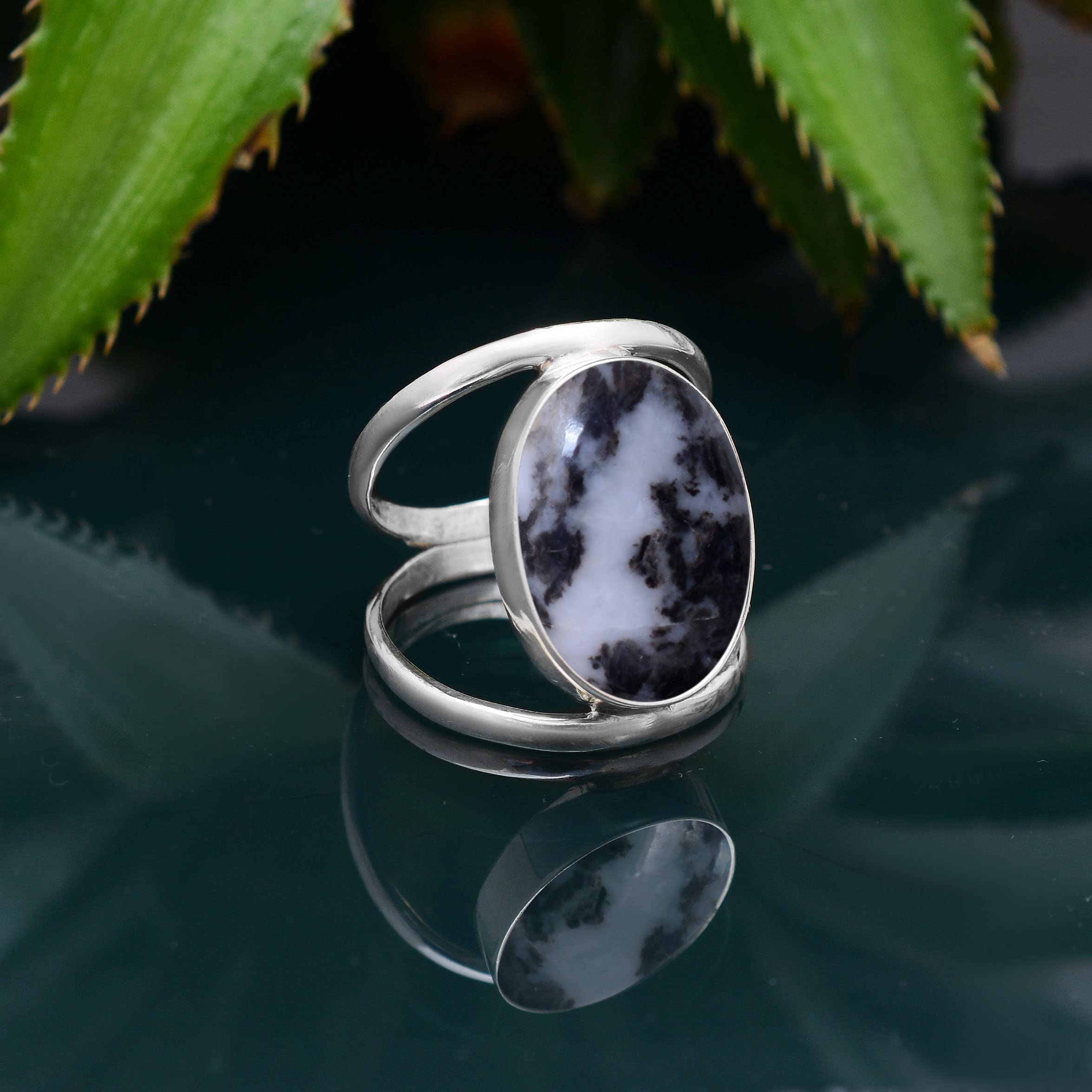 Veracity Jewelry Zebra Jasper Rings for Women - 925 Sterling Silver Healing Meditation Rings with Natural Black White Gemstone - Spiritual Jewelry Gift for Yoga, Reiki & Energy Healing (VSR-408)