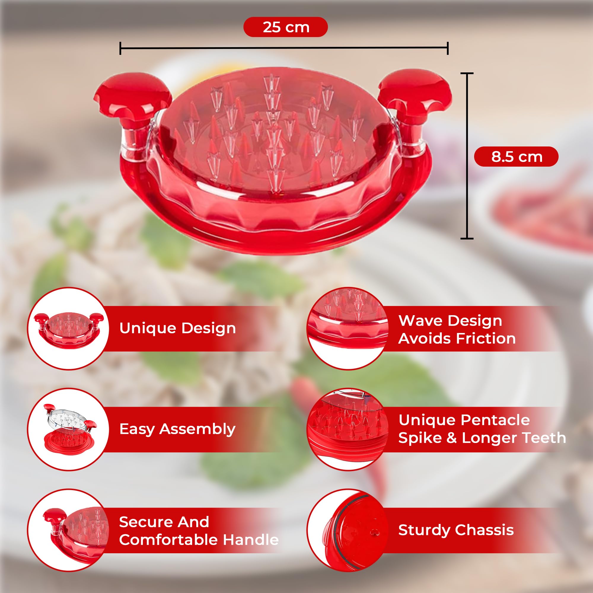Premium Chicken Shredder Tool - BPA Free Meat Shredder with Anti-Slip Grip & Ergonomic Handle | Dishwasher Safe Kitchen Accessory for Pork, Beef, Chicken | Perfect for Meal Prep, BBQ, Tacos & Pulled Meat (Red)