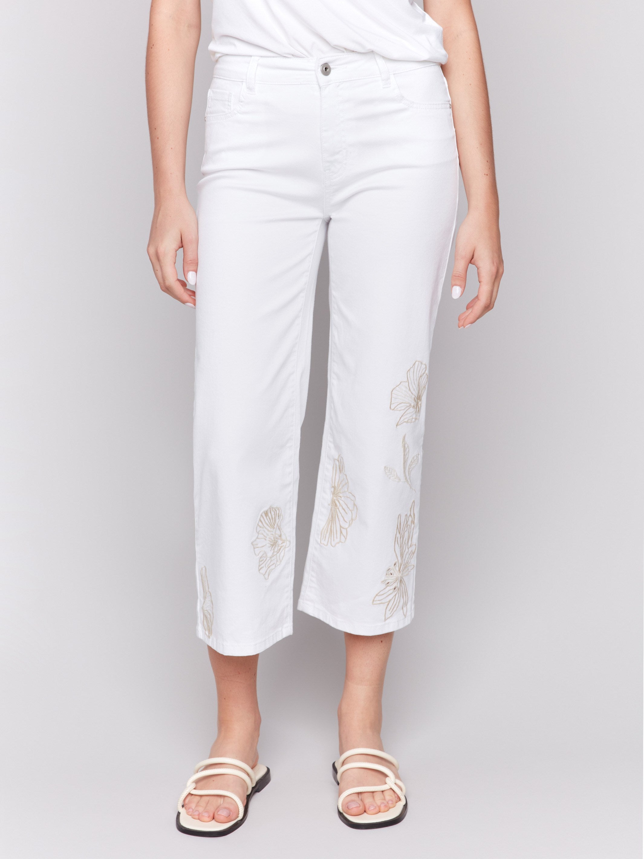 Floral Embroidered Cropped Flare Twill Pants for Women - White | Boho Chic High Waisted Trousers | Perfect for Summer Outfits, Beach Vacations & Music Festivals