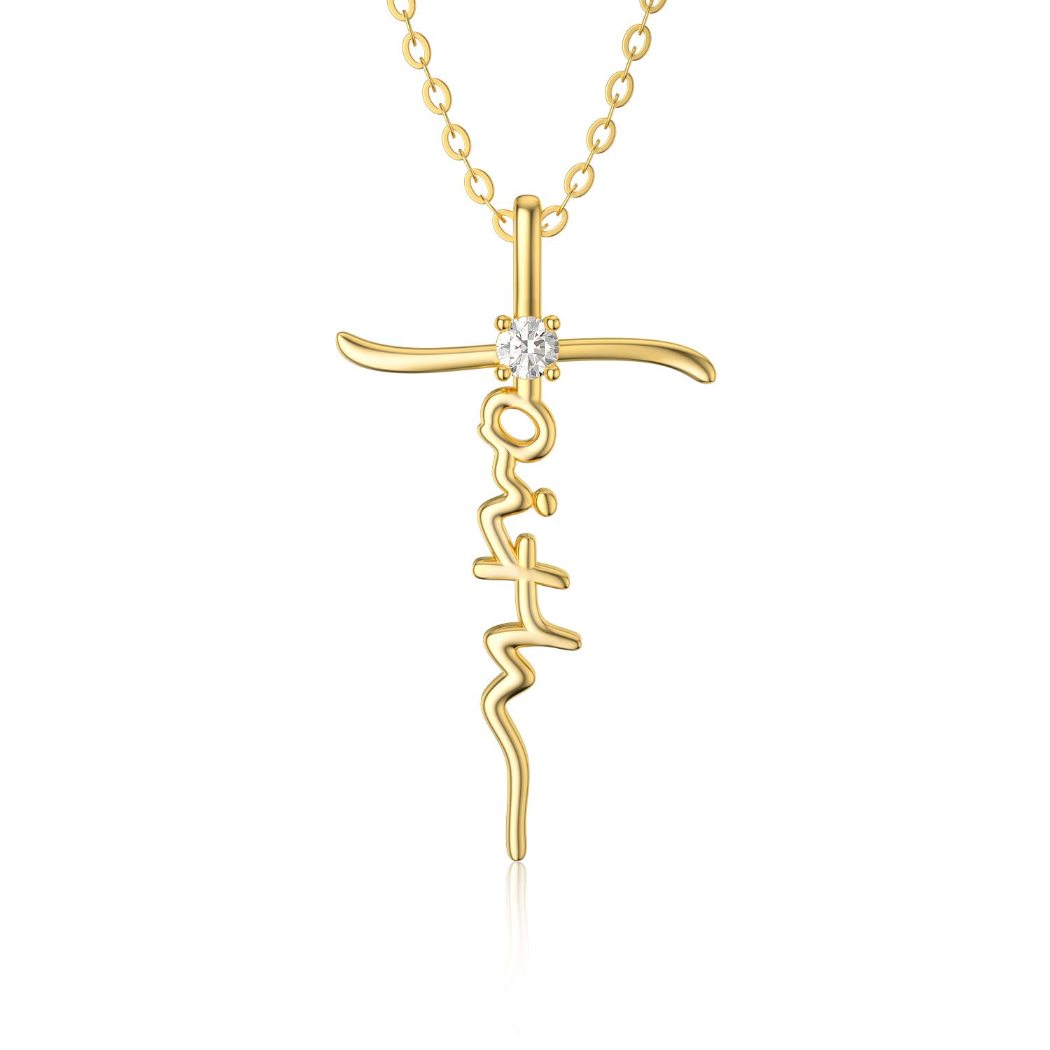 14K Gold Faith Cross Necklace for Women - Moissanite Religious Pendant with 16+2 Inch Chain - Hope Believe Jewelry Gift for Mom, Wife, Anniversary, Birthday & Mother's Day - Perfect for Church, Weddings & Special Occasions