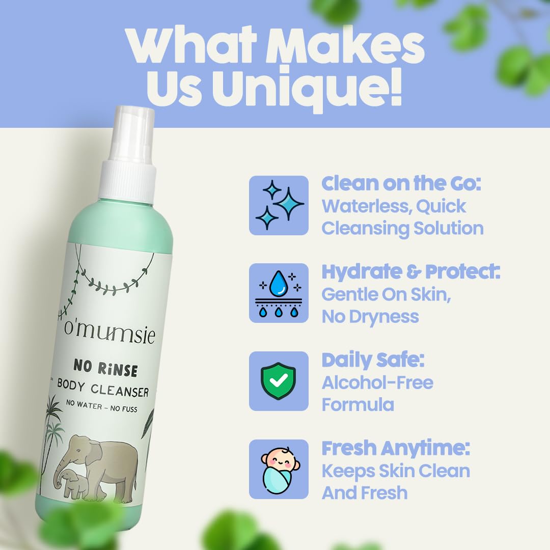 O'mumsie Organic Baby Cleanser Spray - No Rinse, Waterless Formula with Aloe Vera & Papaya Extract | Fragrance-Free, Vegan, Hypoallergenic (100ml) | Perfect for Travel, Diaper Changes & Sensitive Skin Care