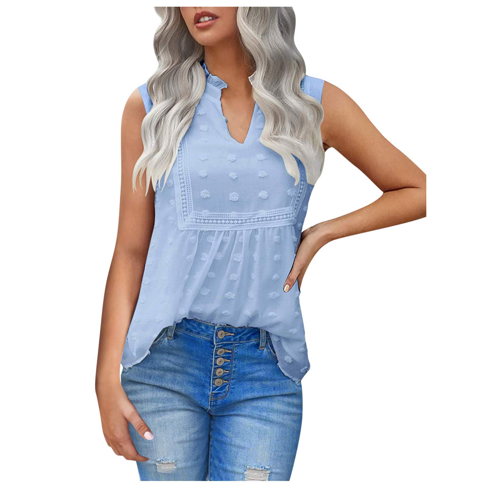 Fankle Women's Chiffon Sleeveless Blouse with Crochet Lace Insert - Swiss Dot Boho Tunic Top for Casual Wear, Summer Outfits & Beach Vacations
