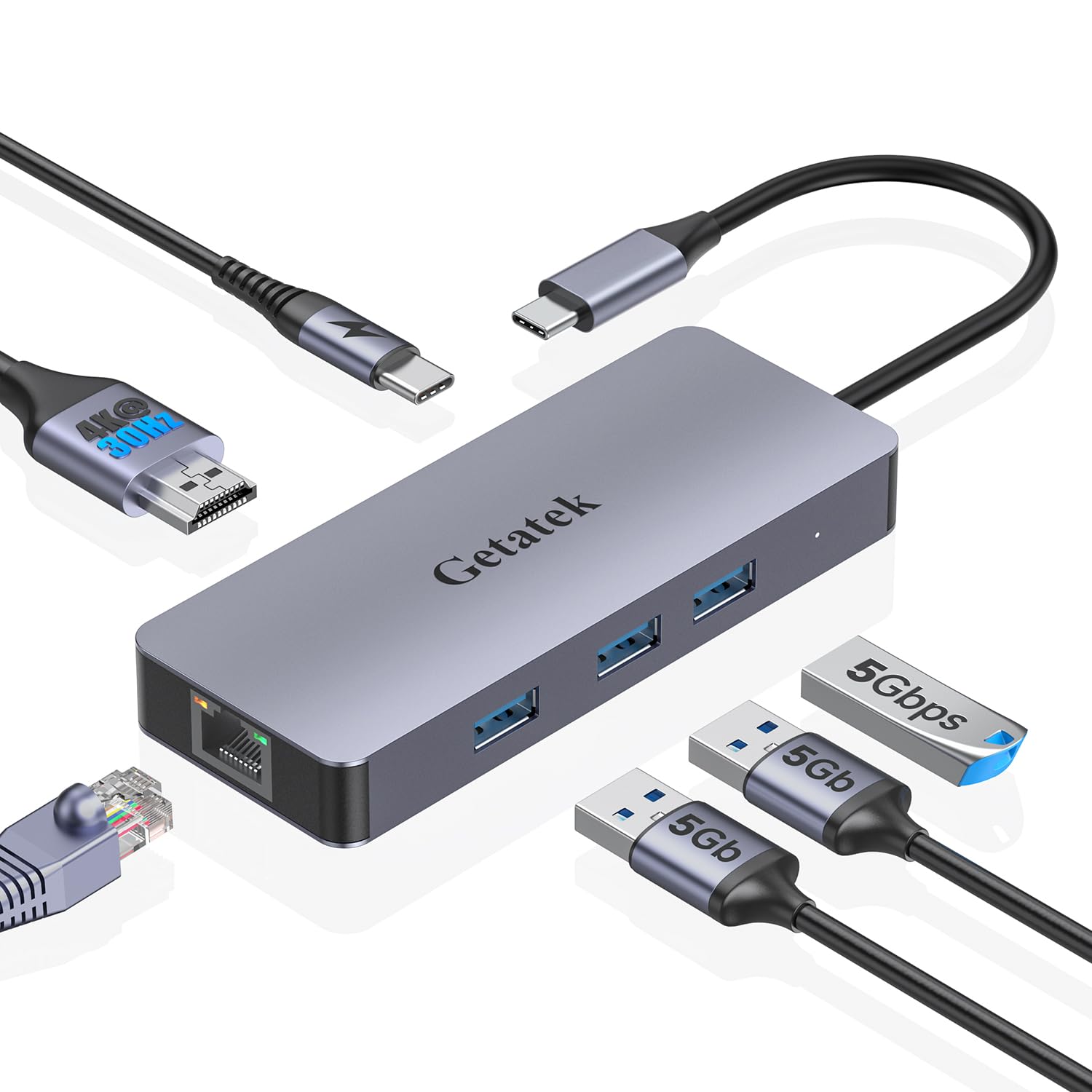 6-in-1 USB C Hub with Ethernet, 4K HDMI, 3 USB 3.0 Ports & 100W PD Charging - Compatible with MacBook, Dell, Lenovo, iPhone 15/Pro Max - Perfect for Work, Travel & Home Office Connectivity