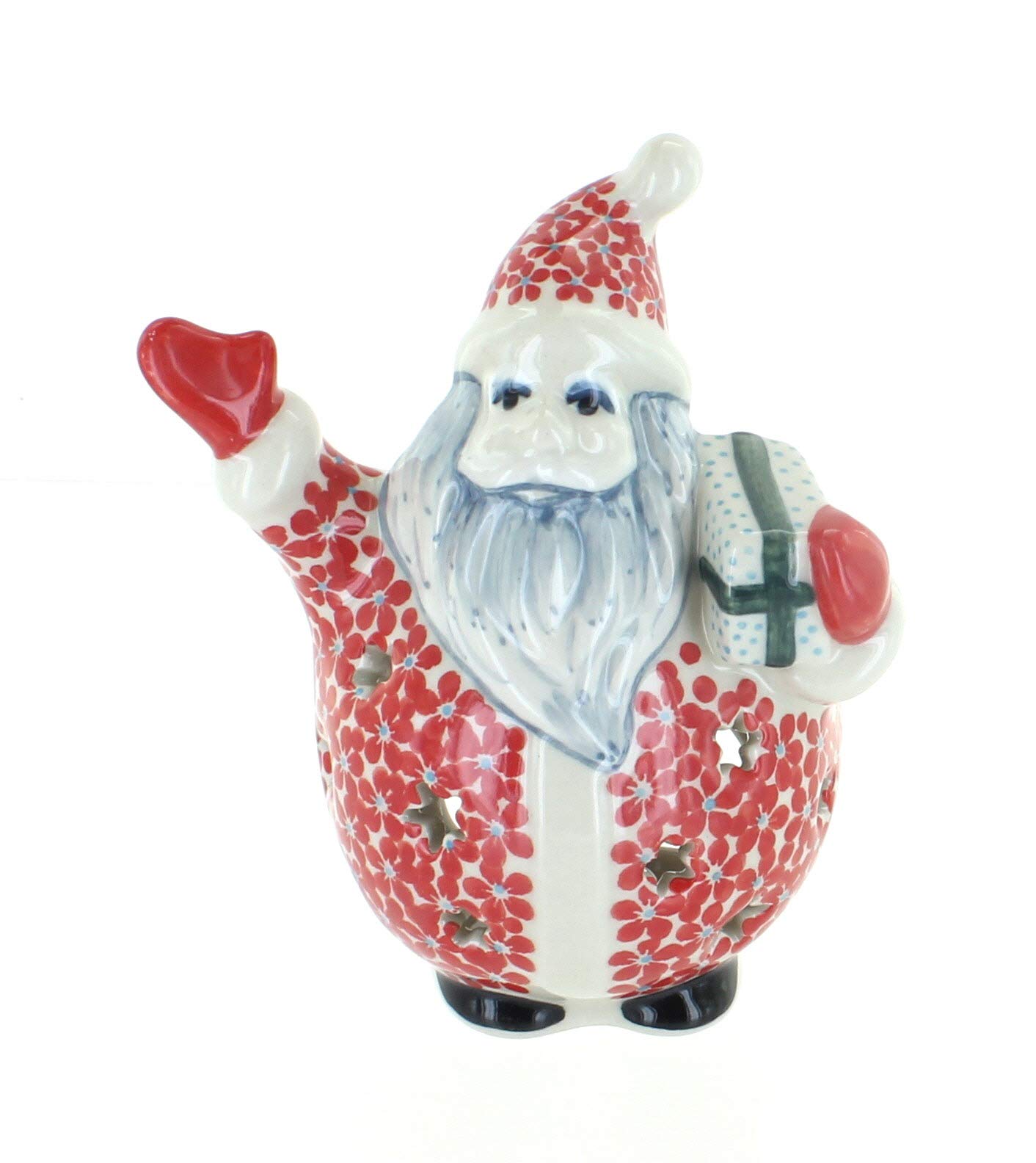 Blue Rose Polish Pottery Red Poinsettia Santa Luminary - Handmade Christmas Decor for Holiday Home & Gift Giving