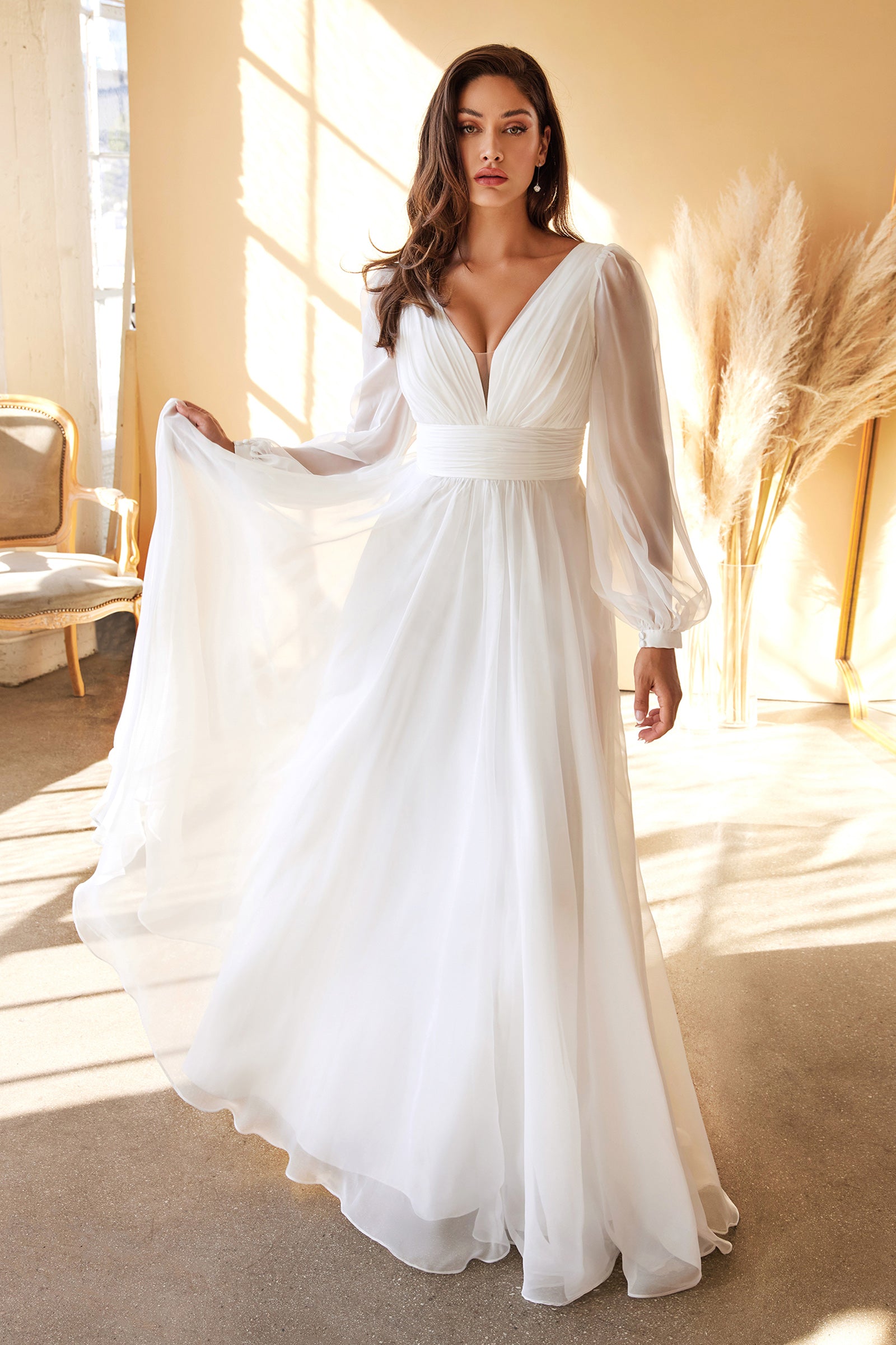 Ladivine CD0192W Elegant Chiffon Long Sleeve Wedding Dress for Bride - Perfect for Church Ceremony, Beach Wedding & Formal Reception