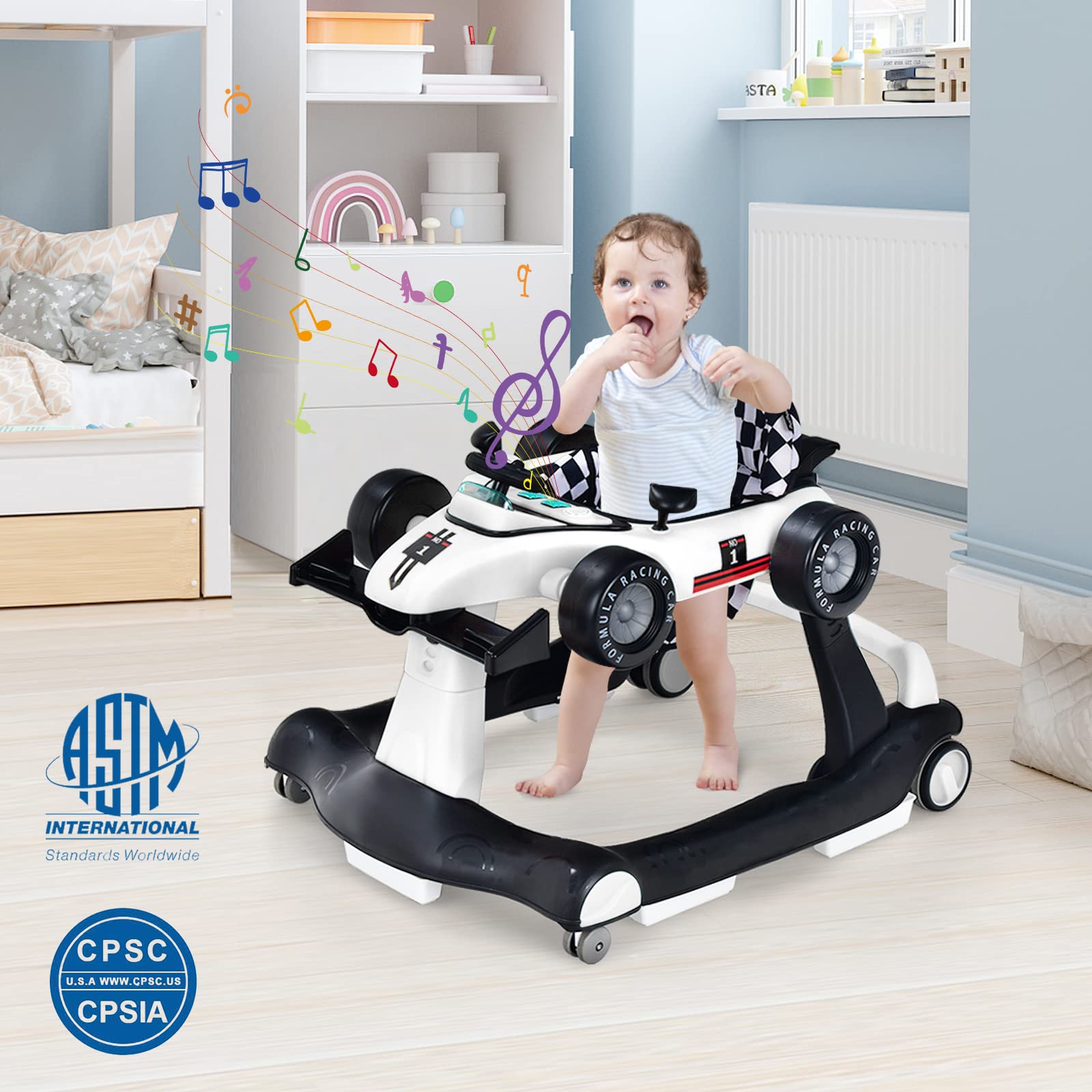 HONEY JOY 4-in-1 Baby Walker & Activity Push Walker with 3 Adjustable Heights, Smooth Wheels, Speed Control, Padded Seat, Music & Lights - Foldable Infant Walker for Boys & Girls 6-24 Months (White) - Perfect for Learning to Walk, Playtime & Indoor Activities