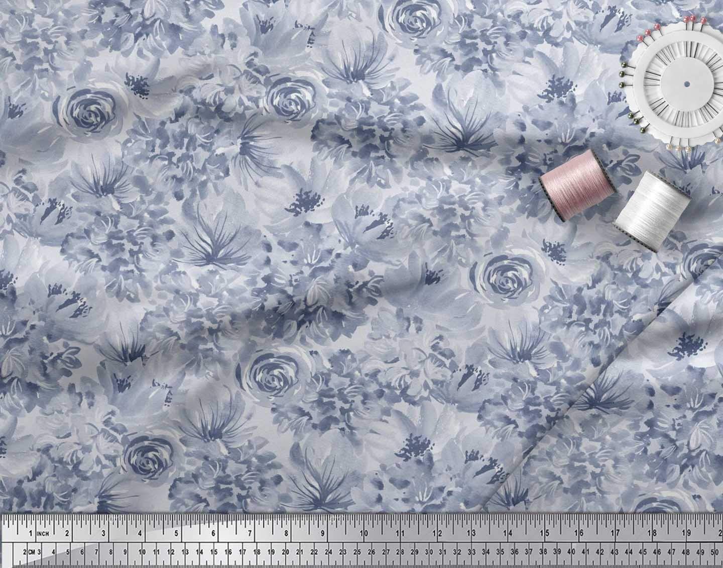 Soimoi Moss Georgette Gray Fabric by The Yard - 42 Inch Wide Printed Floral Fabric with Rose & Peony Design for Dresses, Curtains, DIY Crafts - Lightweight & Romantic Textile for Fashion Sewing Projects