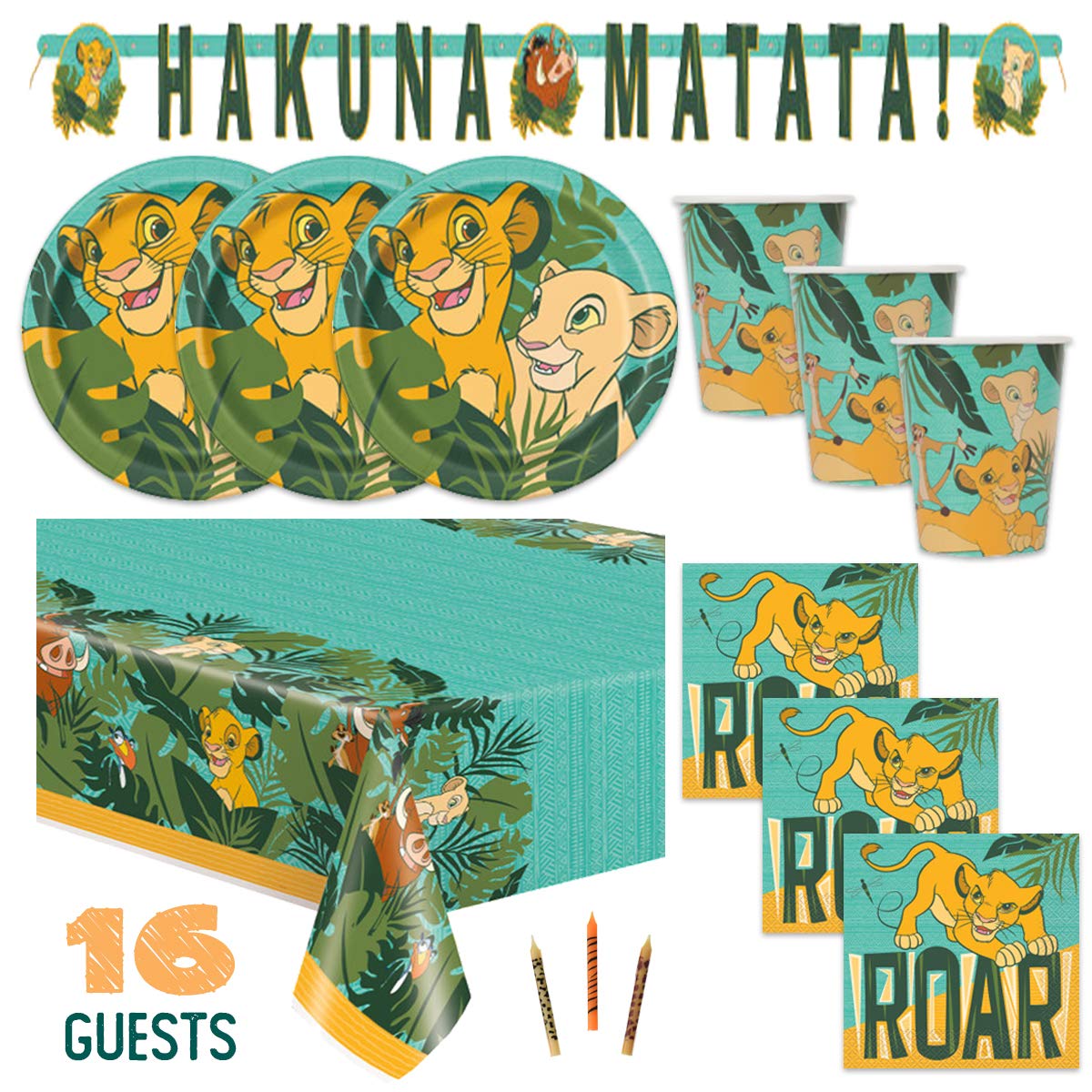 The Lion King Birthday Party Supplies Set for 16 Guests - Table Cover, Banner, Plates, Napkins, Cups & Candles Featuring Simba & Nala - Perfect for Kids' Birthday Parties, Baby Showers & Disney Themed Events
