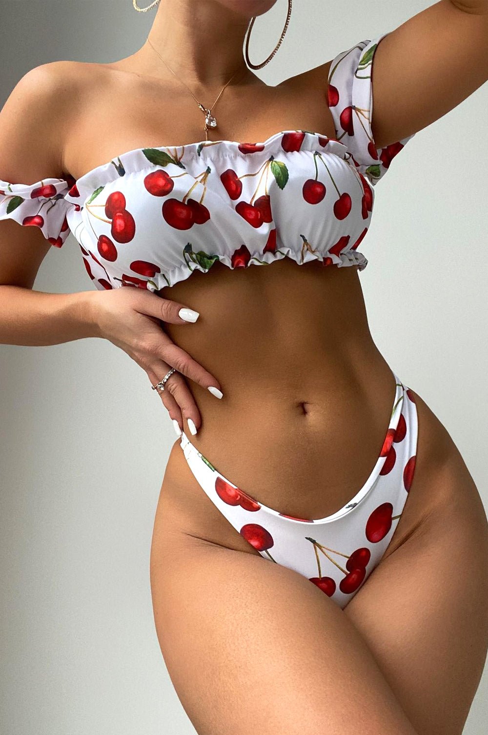 Sexy White & Red Cherry Print Off Shoulder Bikini Top with Ruffle Trim - Perfect for Beach Vacations, Pool Parties & Summer Getaways