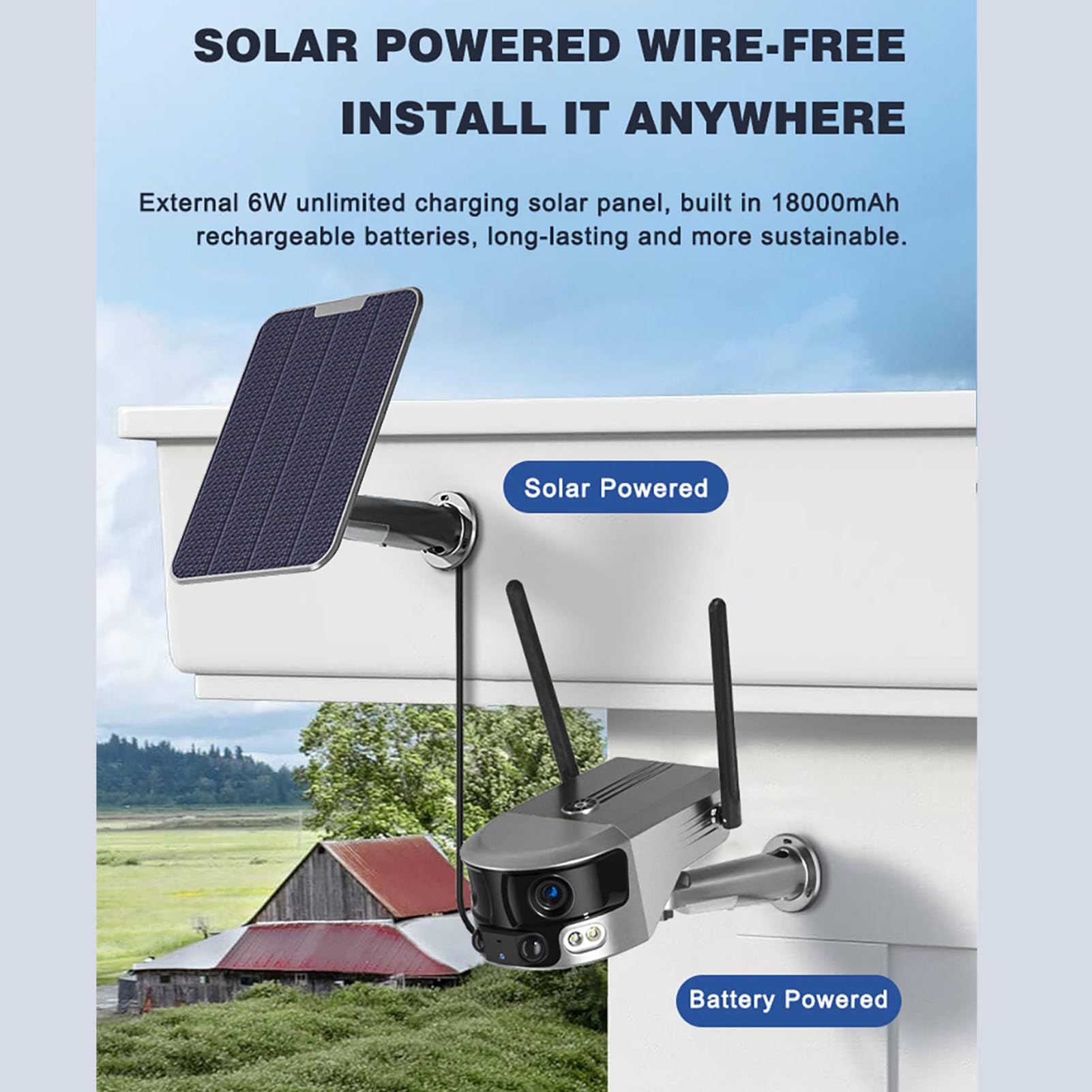 Plyisty Solar Security Camera - Wireless Outdoor Surveillance System with Dual Cameras, 18000mAh Rechargeable Battery & Solar Panel, IP66 Waterproof, Color Night Vision, Motion Detection - Ideal for Home Security, Backyard Monitoring, and Business Protection