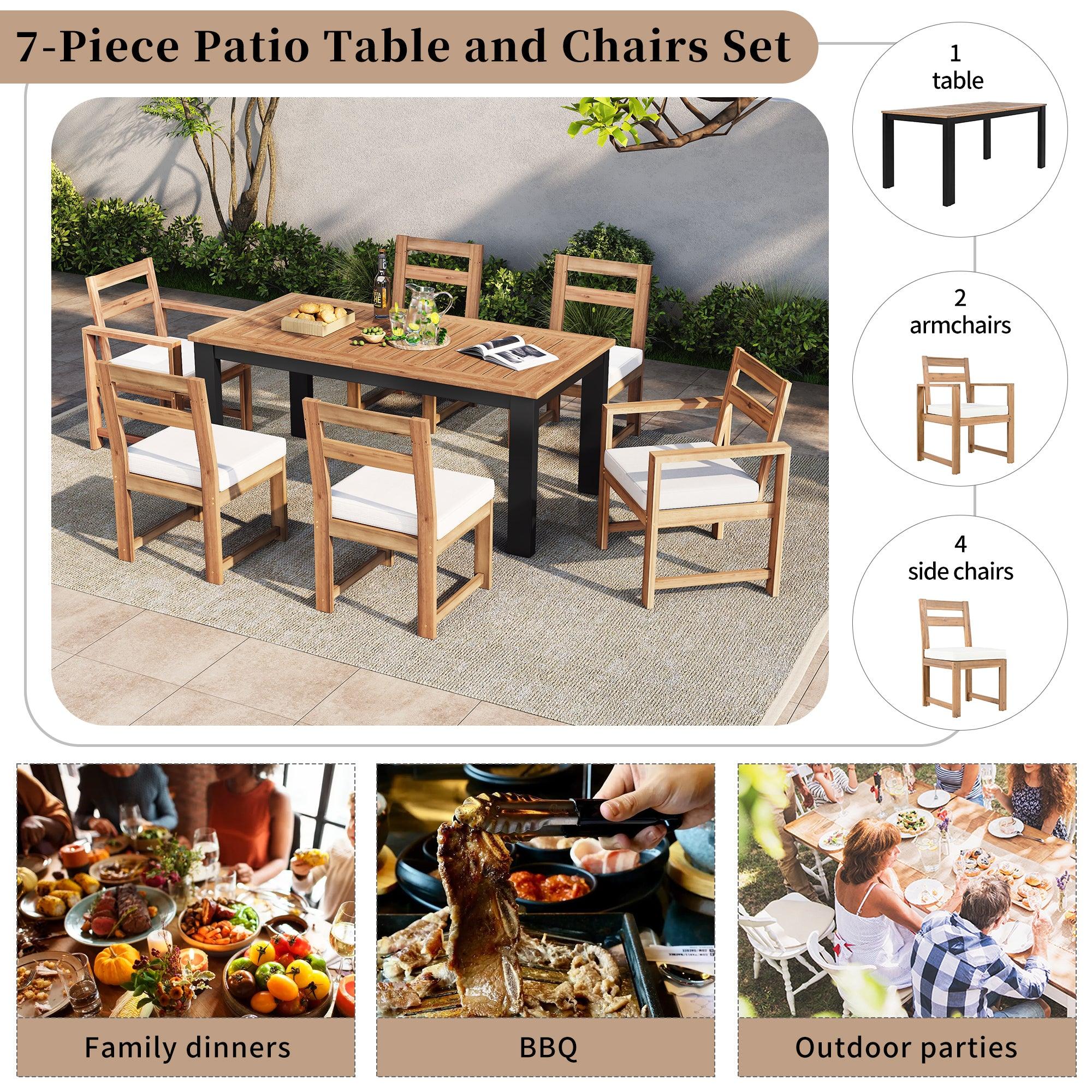 7-Piece Outdoor Patio Dining Set - Wooden Table with Umbrella Hole & 6 Chairs (2 Armchairs + 4 Side Chairs) for Garden, Backyard, Poolside - Perfect for BBQs, Family Gatherings & Outdoor Entertaining