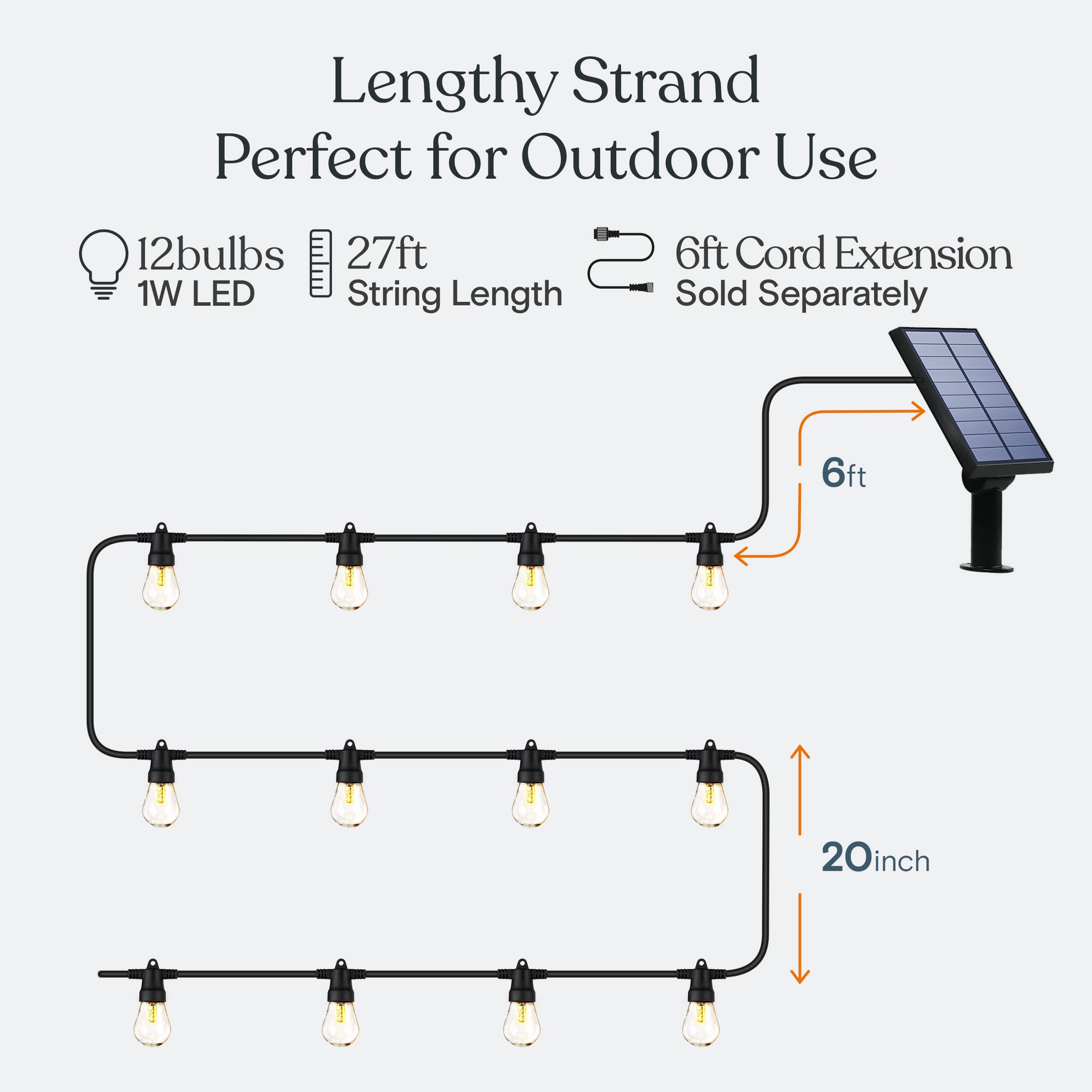 Brightech Ambience Pro Solar Powered Outdoor String Lights - 27 ft Commercial Grade Waterproof LED Patio Lights with 12 Shatterproof Edison Bulbs, 1W Soft White for Garden, Backyard, Deck, Porch & Outdoor Parties