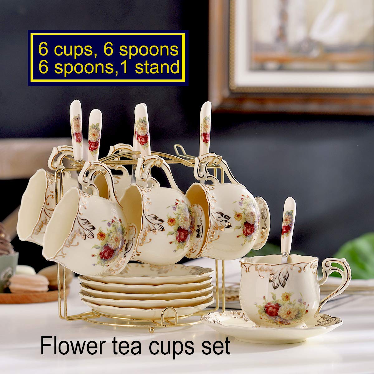 YOLIFE 6-Piece Ivory Ceramic Floral Tea Cup and Saucer Set with Golden Rack - 8 oz Coffee & Tea Cups for Afternoon Tea, Bridal Shower, and Elegant Home Decor