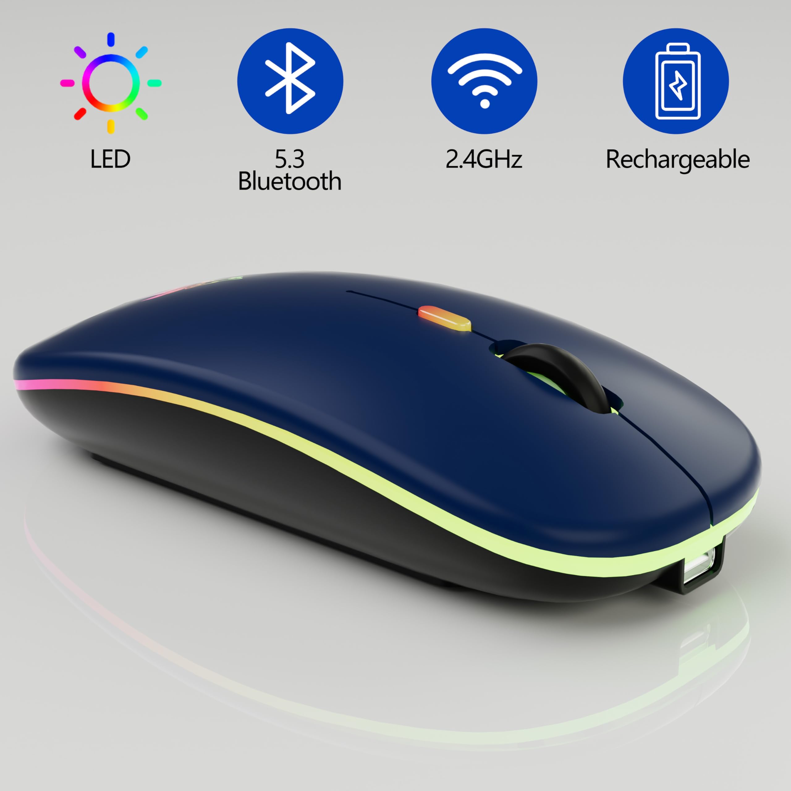 Wireless Rechargeable Gaming Mouse - 7-Color RGB Backlit, 2.4GHz USB for PC/Laptop/iPad - Perfect for Work & Gaming