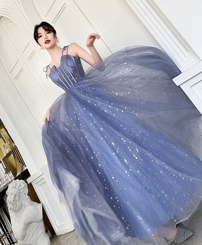 Elegant Blue Tulle Long Prom Dress for Women - Formal Evening Gown for Homecoming, Ball, and Special Occasions