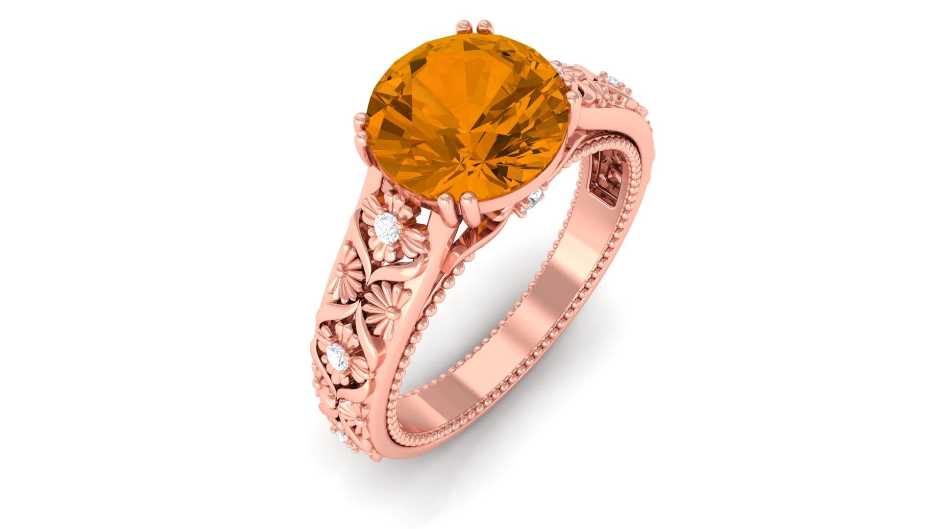 14K Solid Gold Citrine Engagement Ring with Diamonds - Vintage Floral Design for Weddings, Anniversaries & Special Occasions