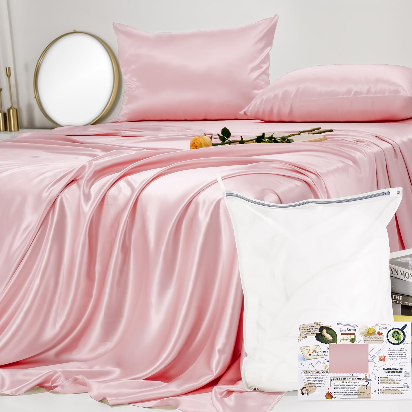 Premium 23 Momme 6A+ Mulberry Silk Sheets Twin XL Set - 3pcs Cooling Fitted Sheet, Flat Sheet & Pillowcases (Pink) for Luxury Bedding & Hot Sleepers - Perfect for Master Bedrooms, Guest Rooms & Summer Nights