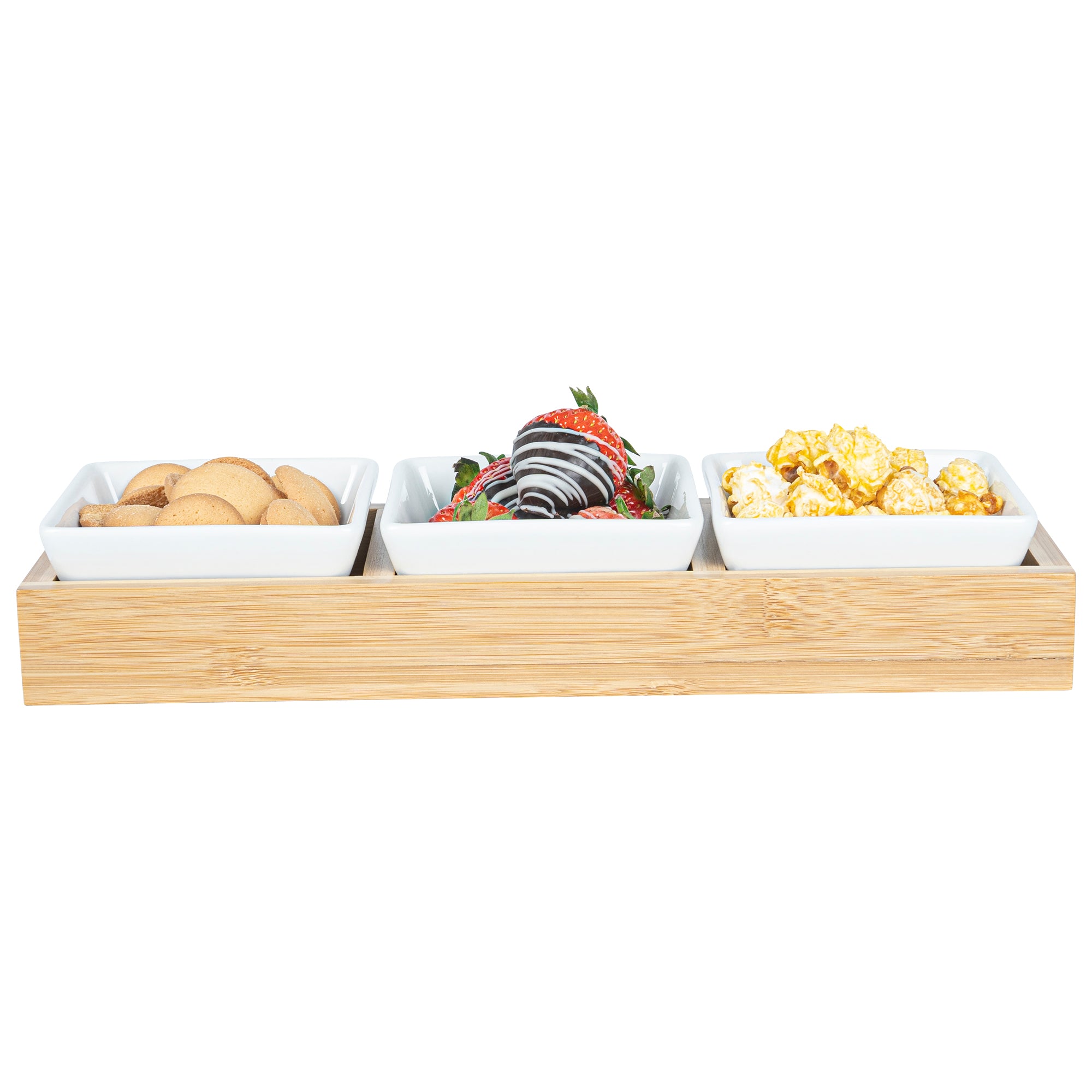Premium 6 oz White Porcelain Modern Bowl Set with Bamboo Tray - 3 Rectangle Bowls (11.75